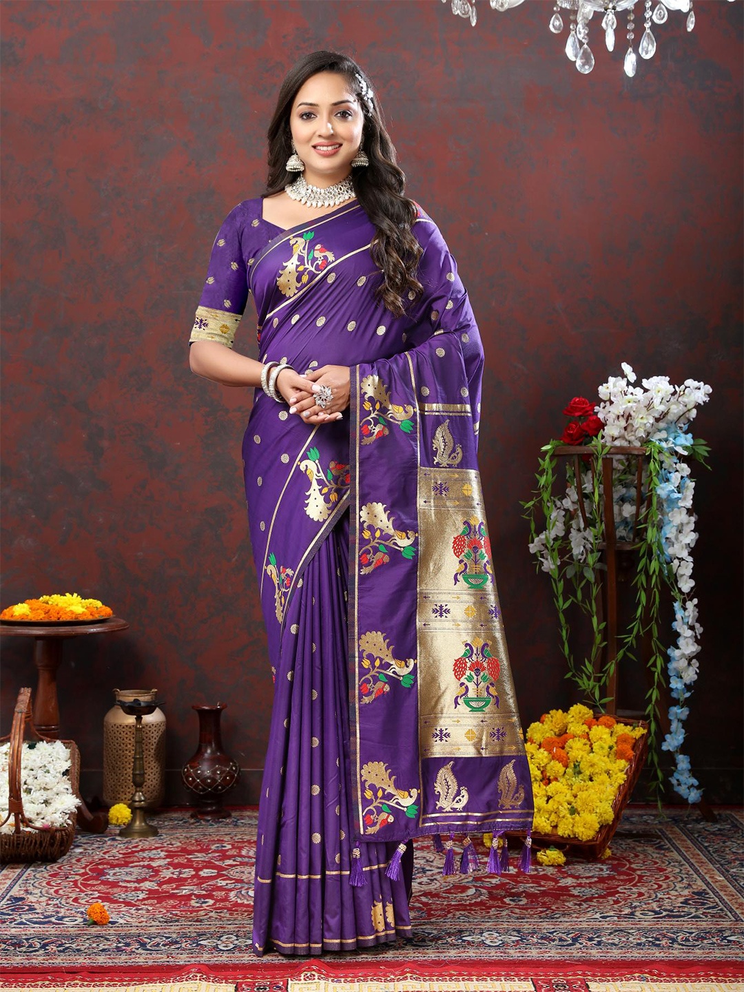 

PATIALAPICKS Ethnic Motifs Woven Design Zari Pure Silk Paithani Saree, Purple