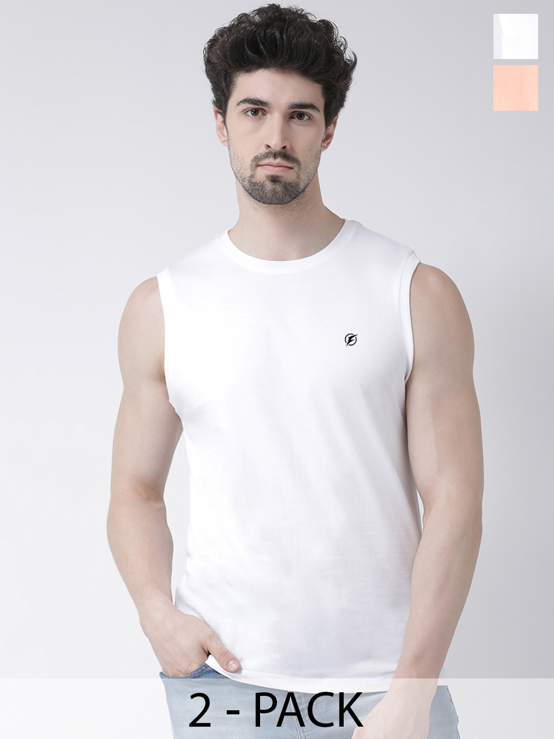 

Friskers Pack Of 2 Round Neck Sleeveless Pure Cotton Slim Fit T-shirt, White