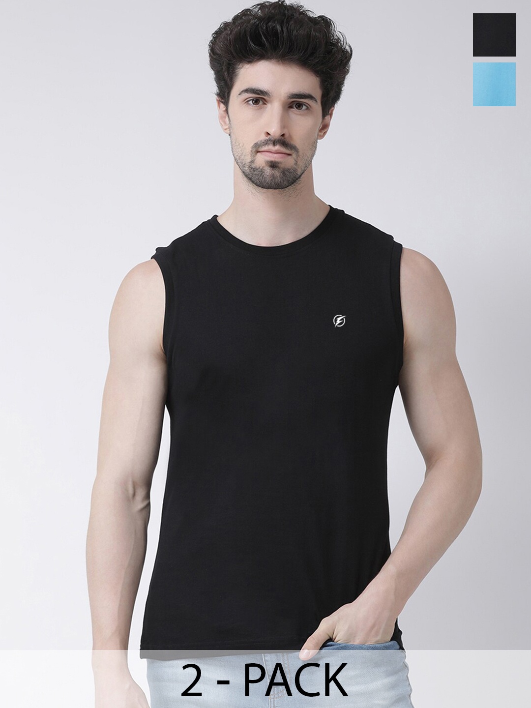 

Friskers Pack Of 2 Round Neck Sleeveless Pure Cotton Slim Fit T-shirt, Black