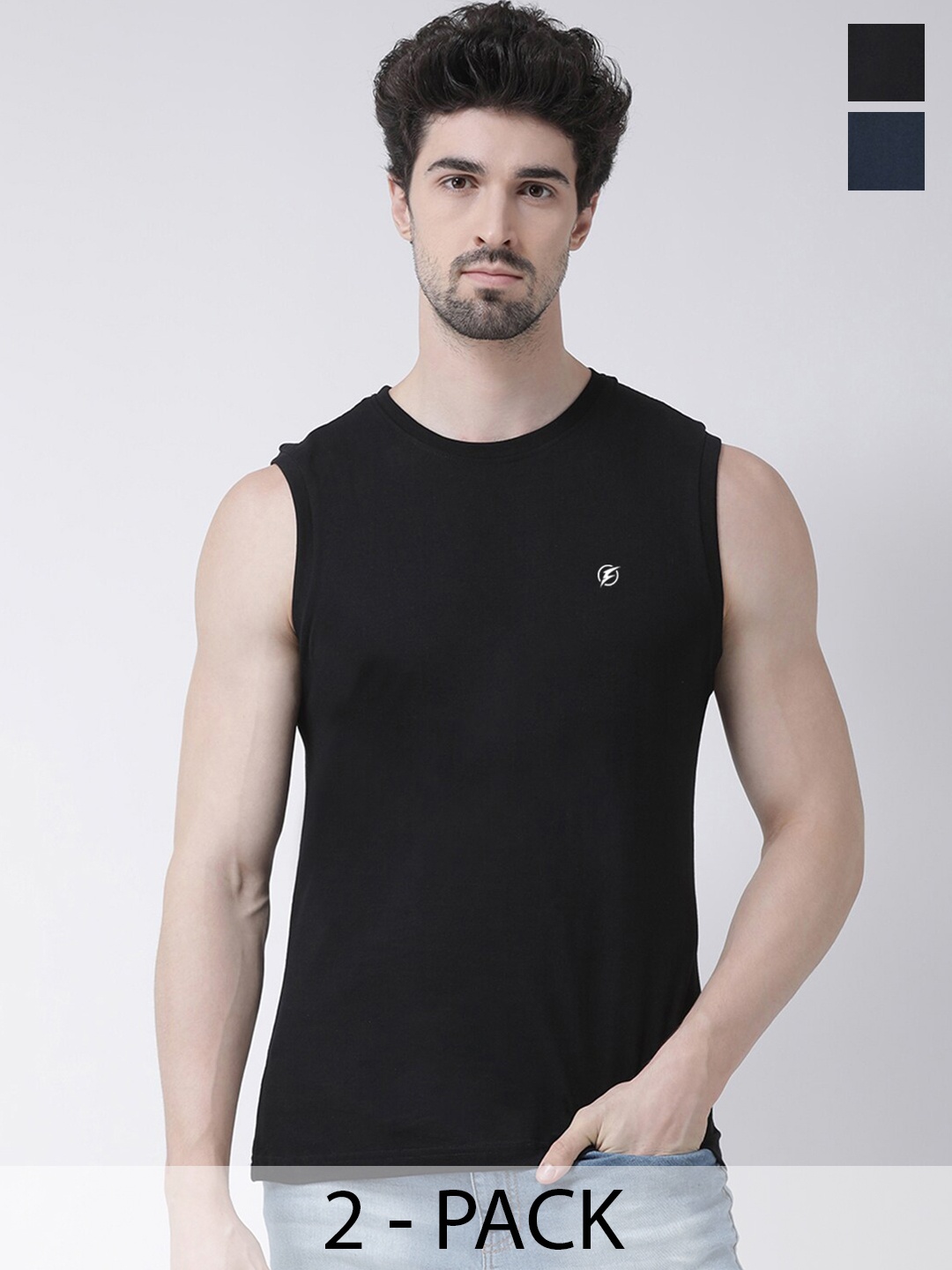 

Friskers Pack Of 2 Round Neck Sleeveless Pure Cotton Slim Fit T-shirt, Black