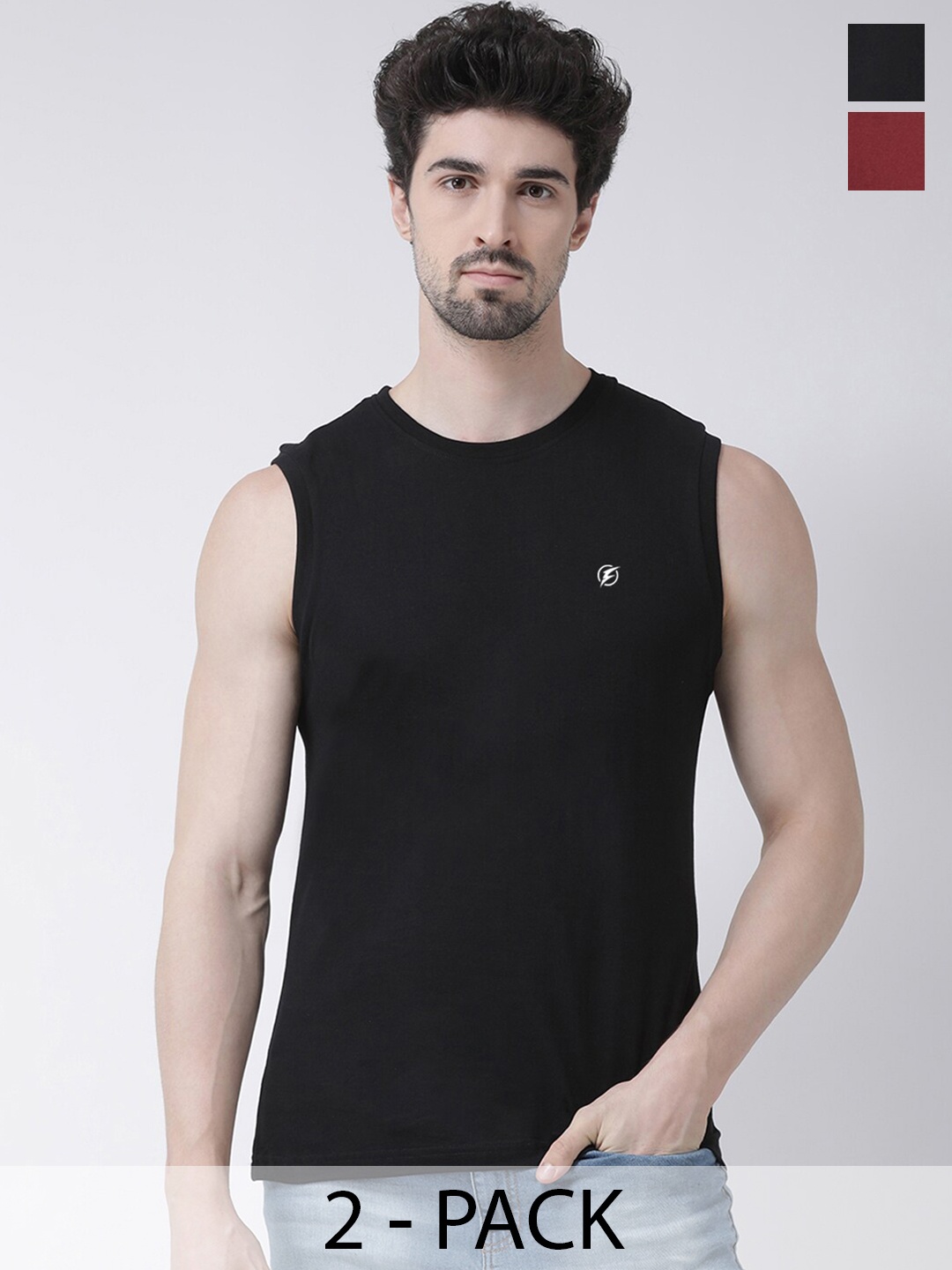 

Friskers Pack Of 2 Round Neck Sleeveless Pure Cotton Slim Fit T-shirt, Black
