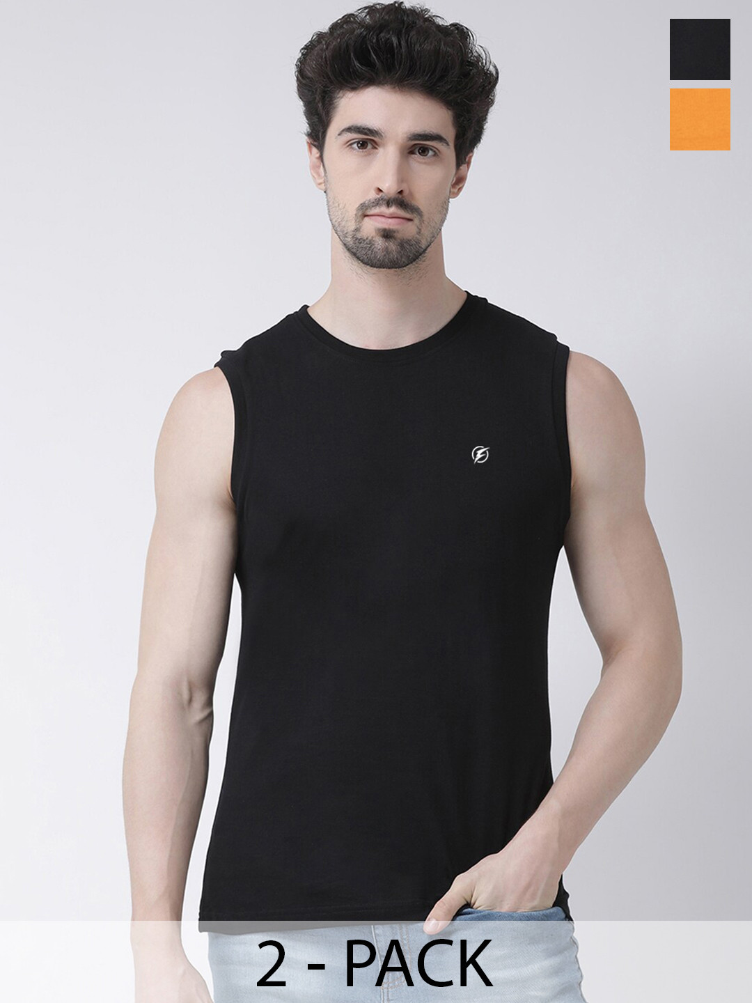 

Friskers Pack Of 2 Round Neck Sleeveless Pure Cotton Slim Fit T-shirt, Black