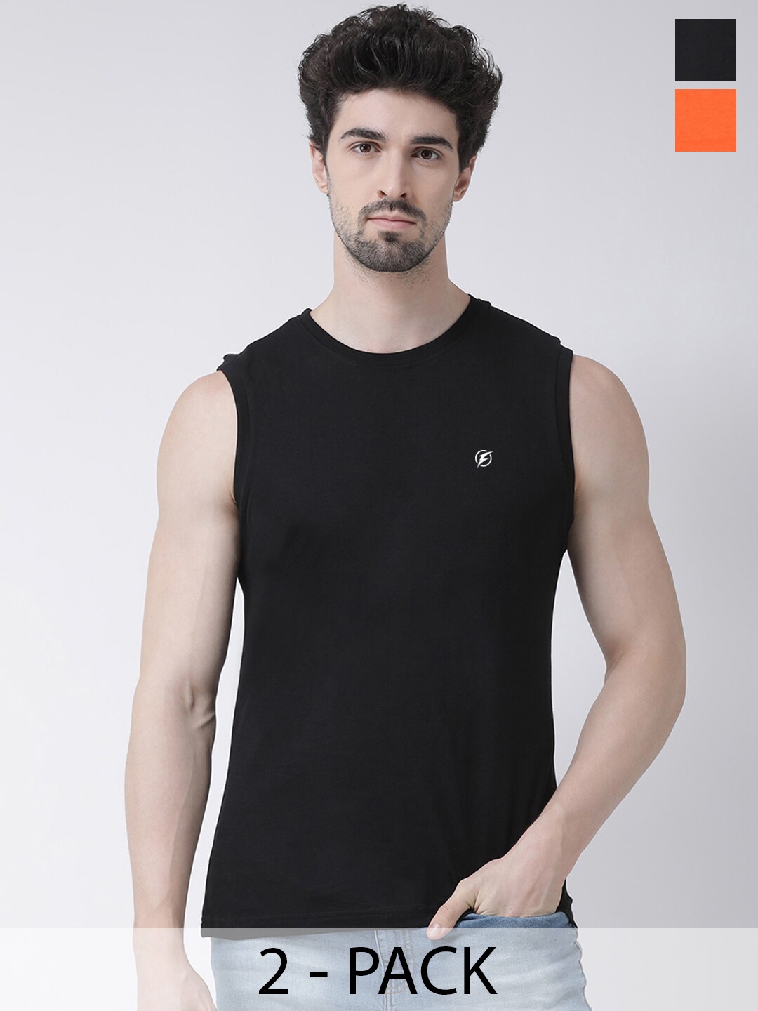 

Friskers Pack Of 2 Round Neck Sleeveless Pure Cotton Slim Fit T-shirt, Black