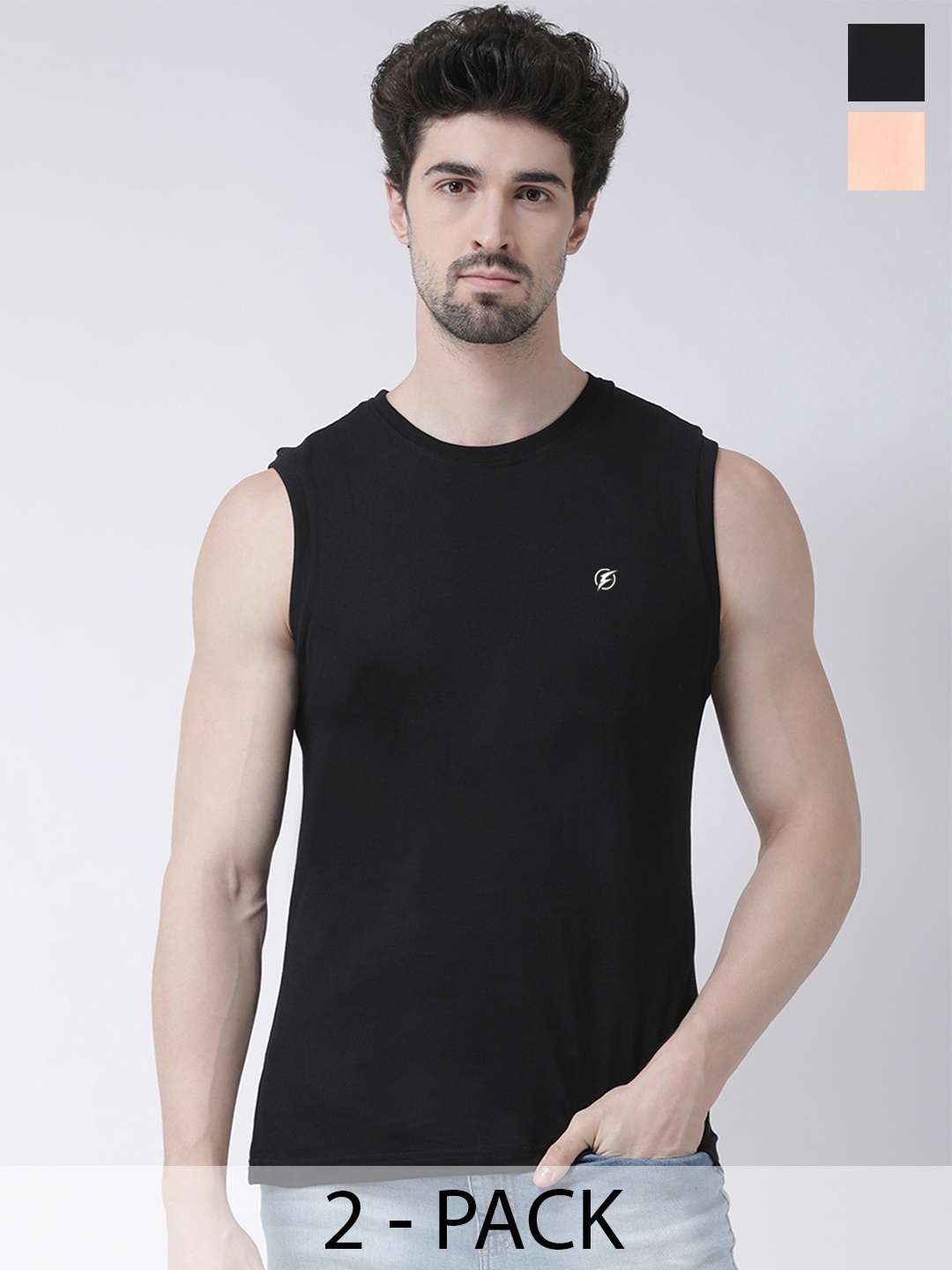 

Friskers Pack Of 2 Sleeveless Pure Cotton Slim Fit T-shirts, Black
