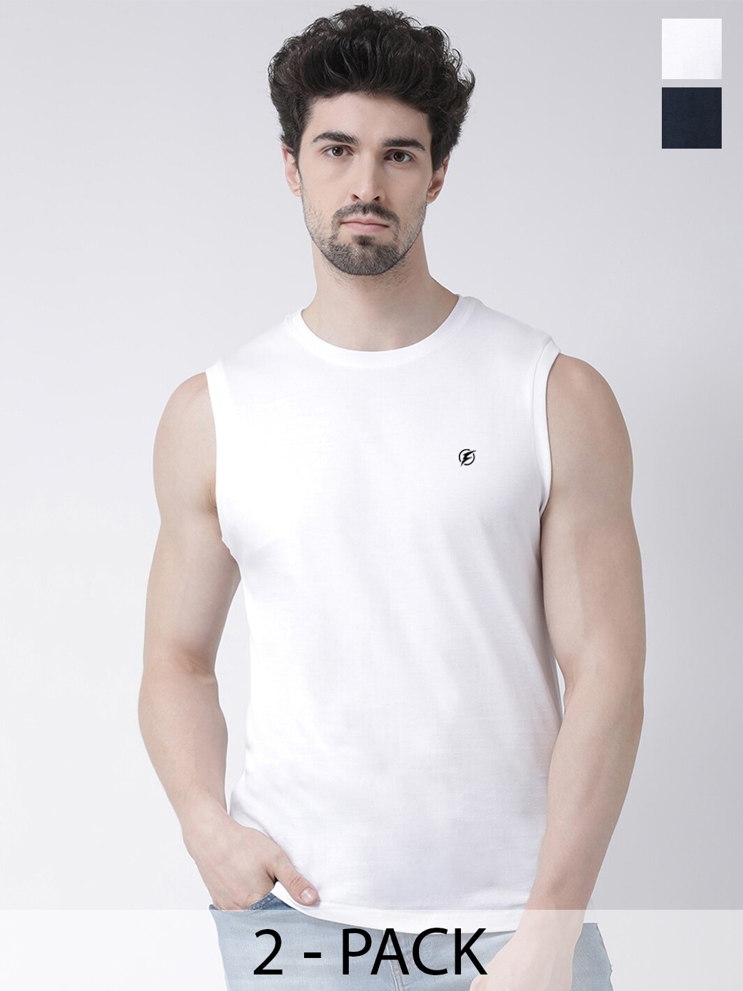 

Friskers Pack Of 2 Round Neck Sleeveless Pure Cotton Slim Fit T-shirt, White