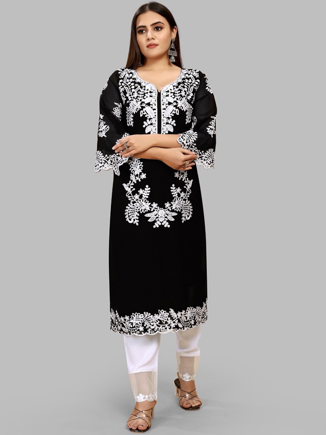

AKSHARAM Floral Embroidered Flared Sleeves Chikankari Georgette Straight Kurta, Black