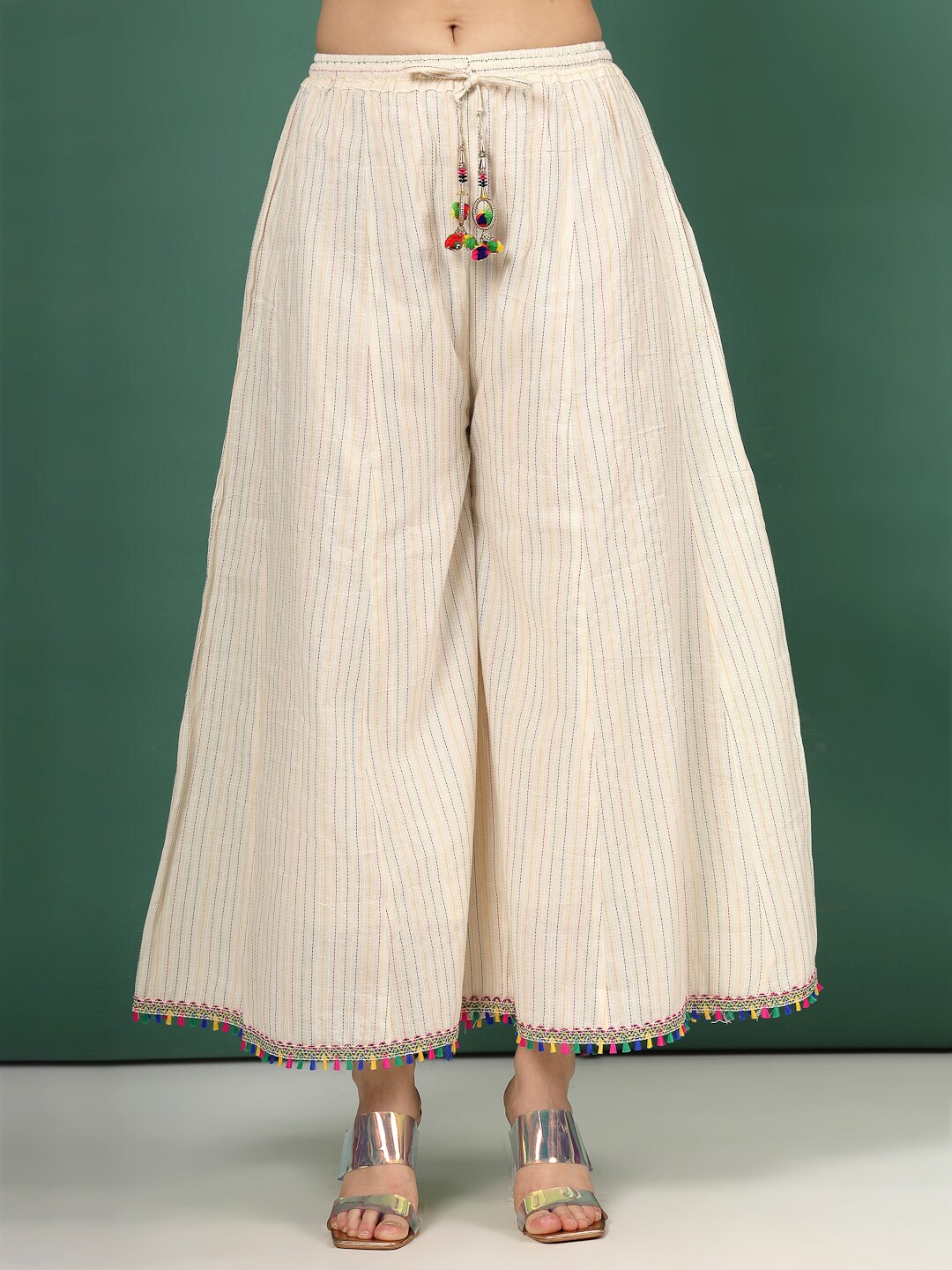 

Clora Creation Embroidered Flared Knitted Ethnic Palazzos, Cream