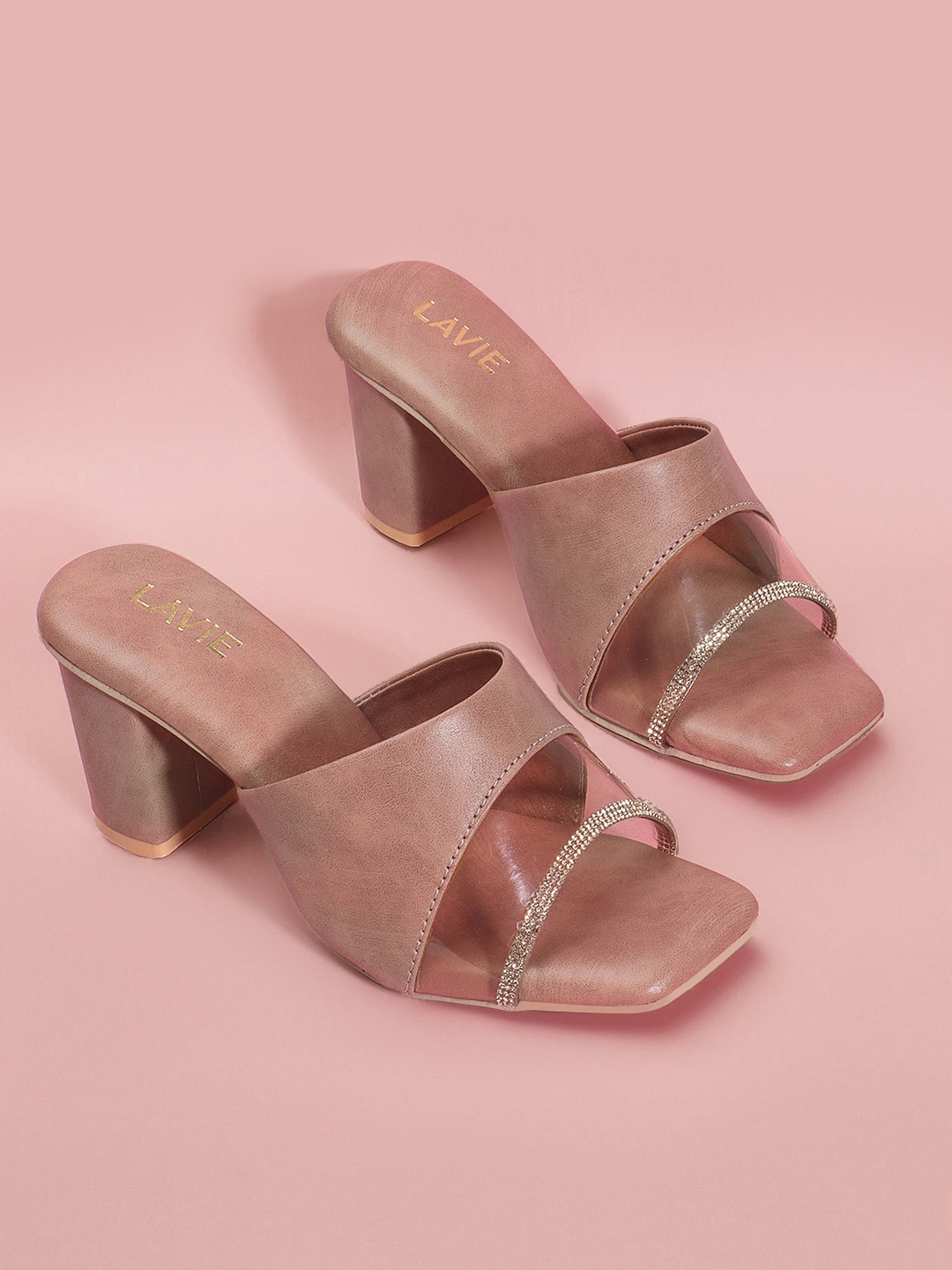 

Lavie Embellished Open Toe Block Heels, Beige