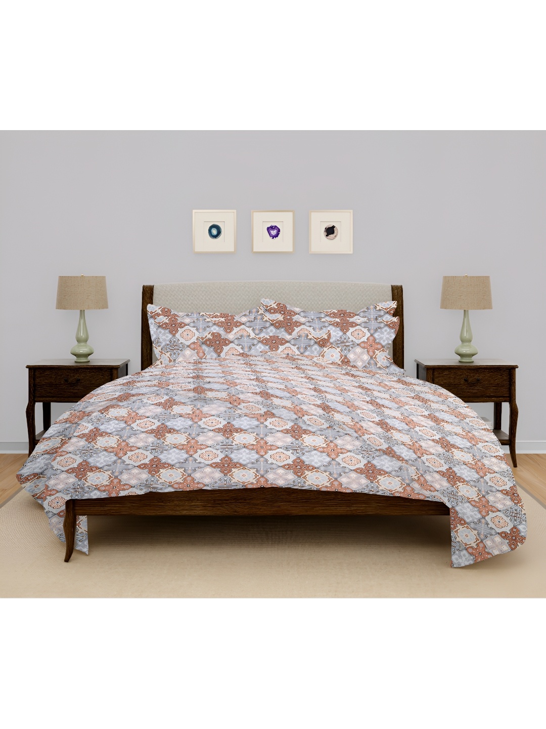 

ARVIND Brown & Blue Geometric 130 TC Cotton Queen Bedsheet With 2 Pillow Covers