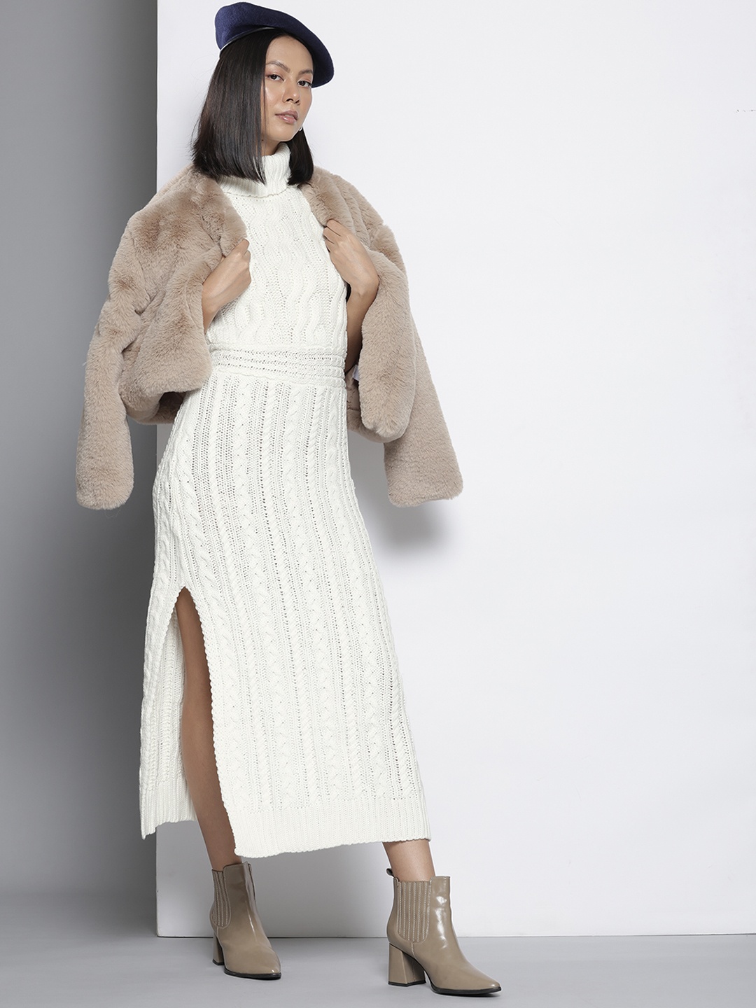

NA-KD Cable Knit Side Slit Sheath Midi Dress, White