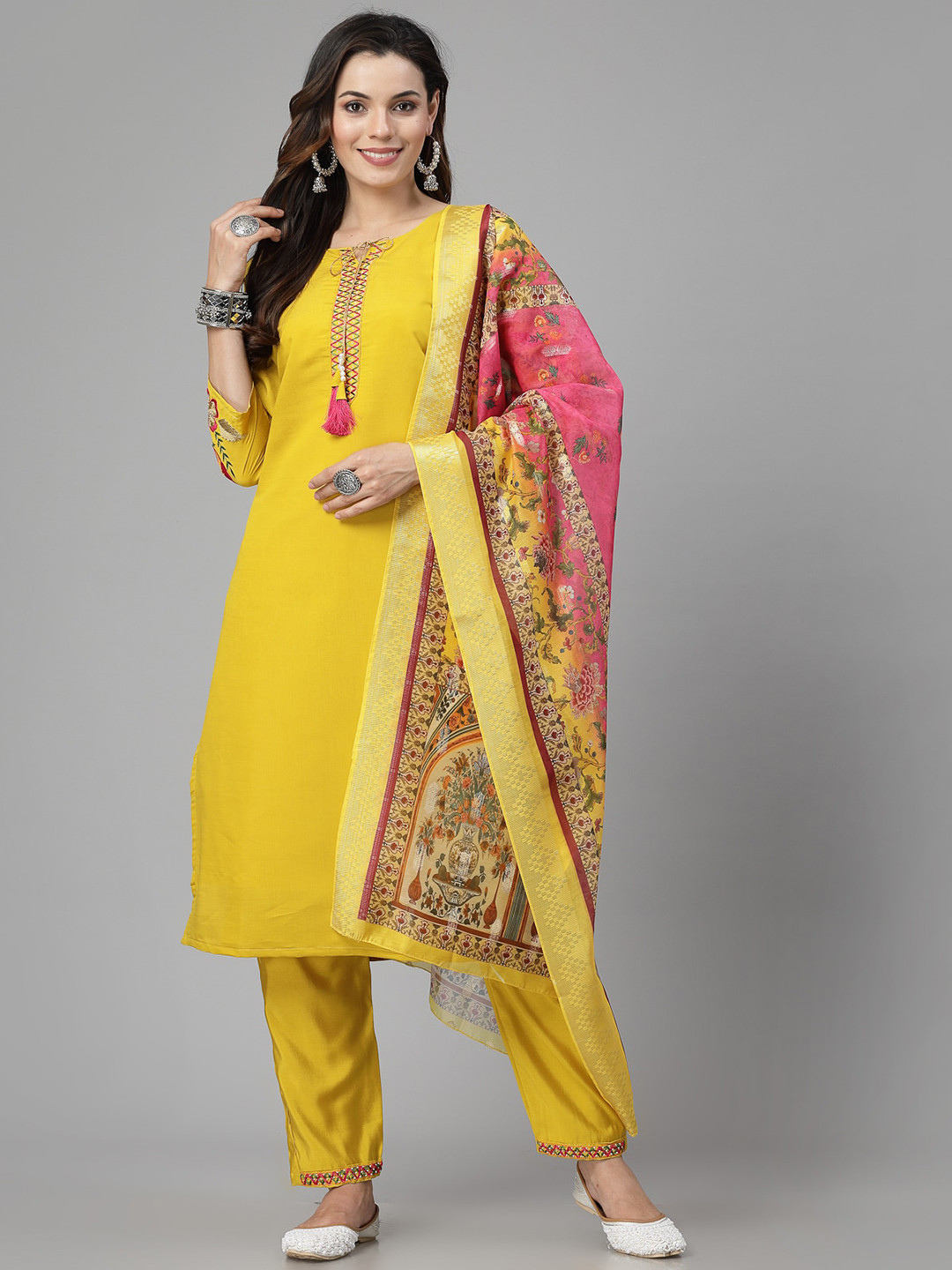 

18 ATTITUDE Floral Yoke Design Regular Thread Work Kurta With Trousers & Dupatta, Yellow