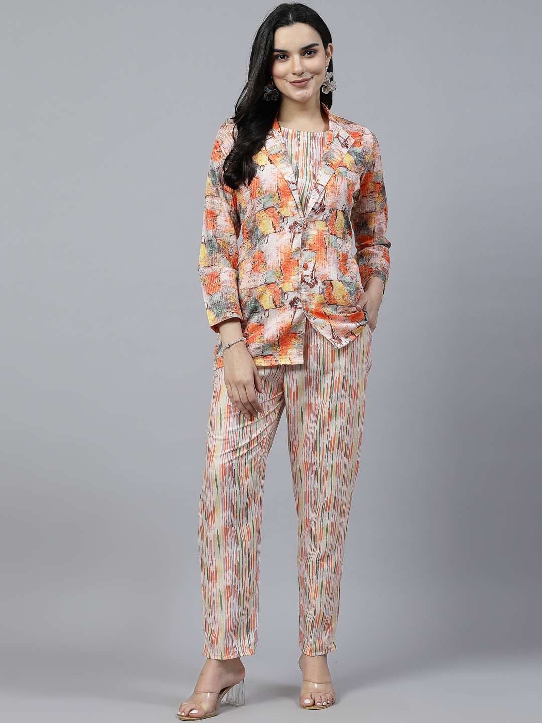 

18 ATTITUDE Printed Crop Top & Trousers With Waistcoat, Orange