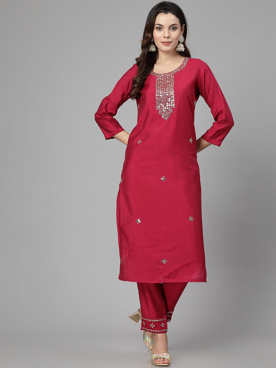 

KALINI Floral Yoke Design Regular Mirror Work Pure Silk Kurta Set With Dupatta, Pink