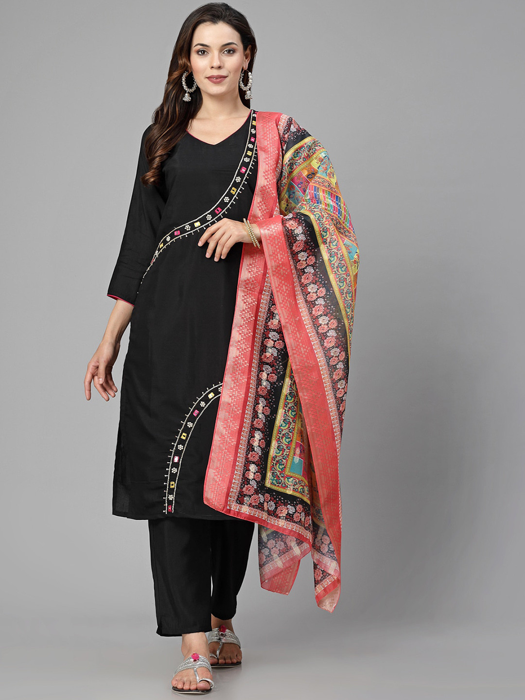 

KALINI Floral Embroidered Mirror Work Pure Silk Kurta With Trousers & Dupatta, Black