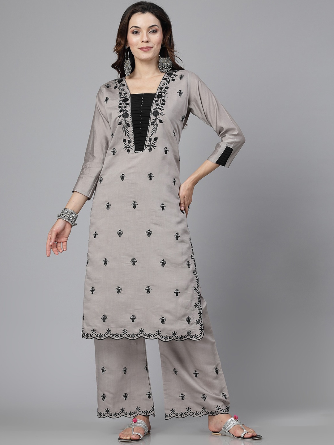 

KALINI Floral Embroidered Straight Kurta with Palazzos & Dupatta, Grey