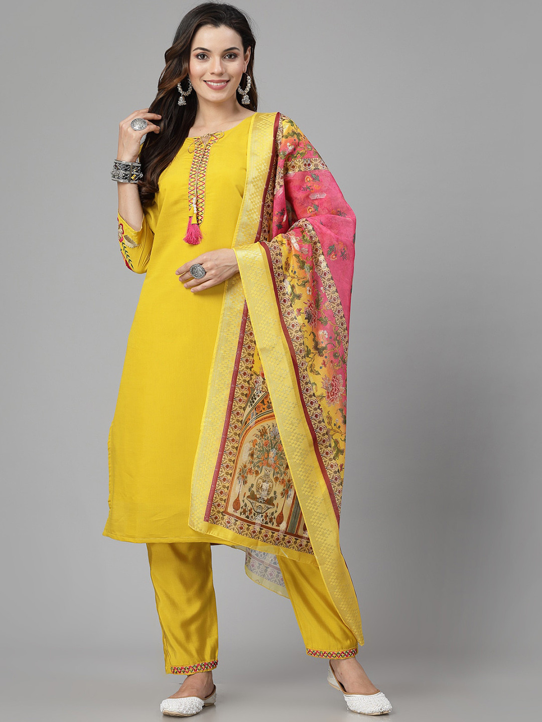 

KALINI Tie-Up Neck Straight Kurta with Trousers & Dupatta, Yellow