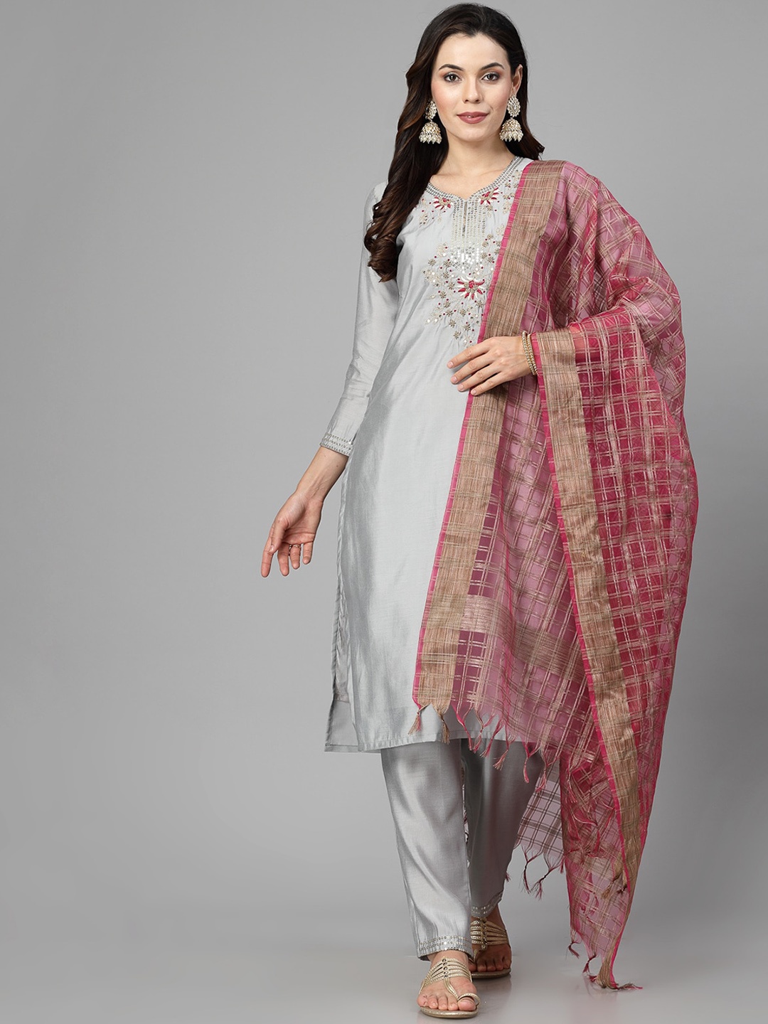 

KALINI Floral Embroidered Regular Thread Work Kurta Set With Dupatta, Grey