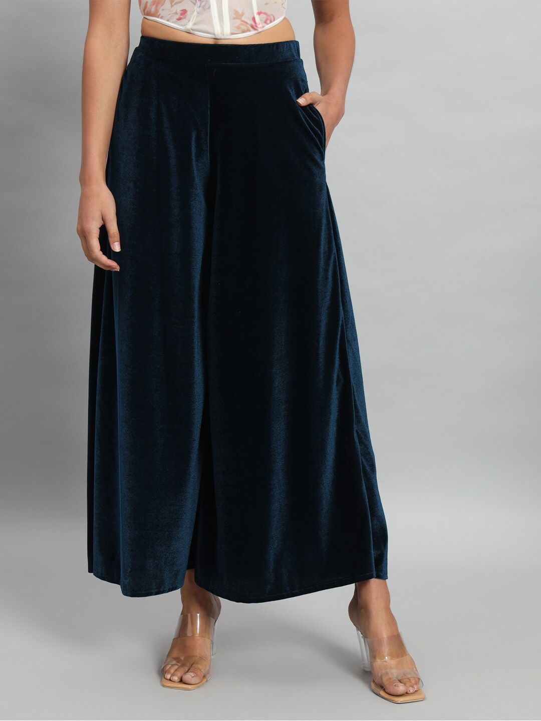 

VAARARO Flared Knitted Velvet Palazzo, Blue