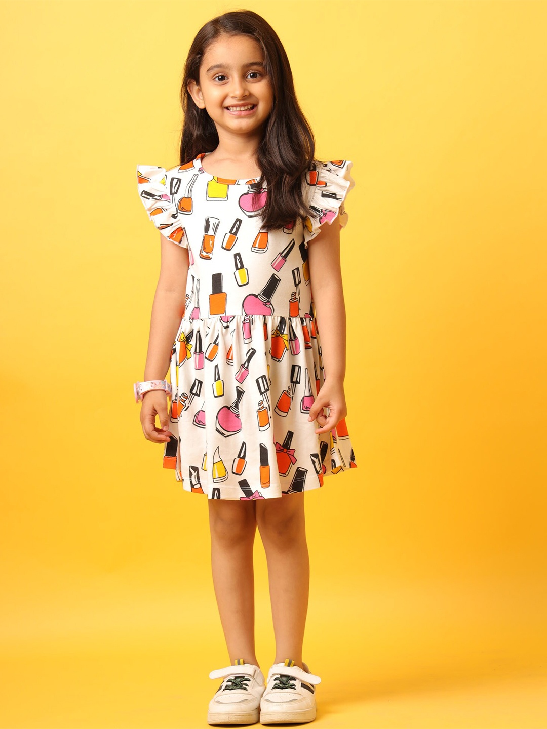 

Anthrilo Girls Conversational Printed Flutter Sleeve Cotton Fit & Flare Dress, Off white