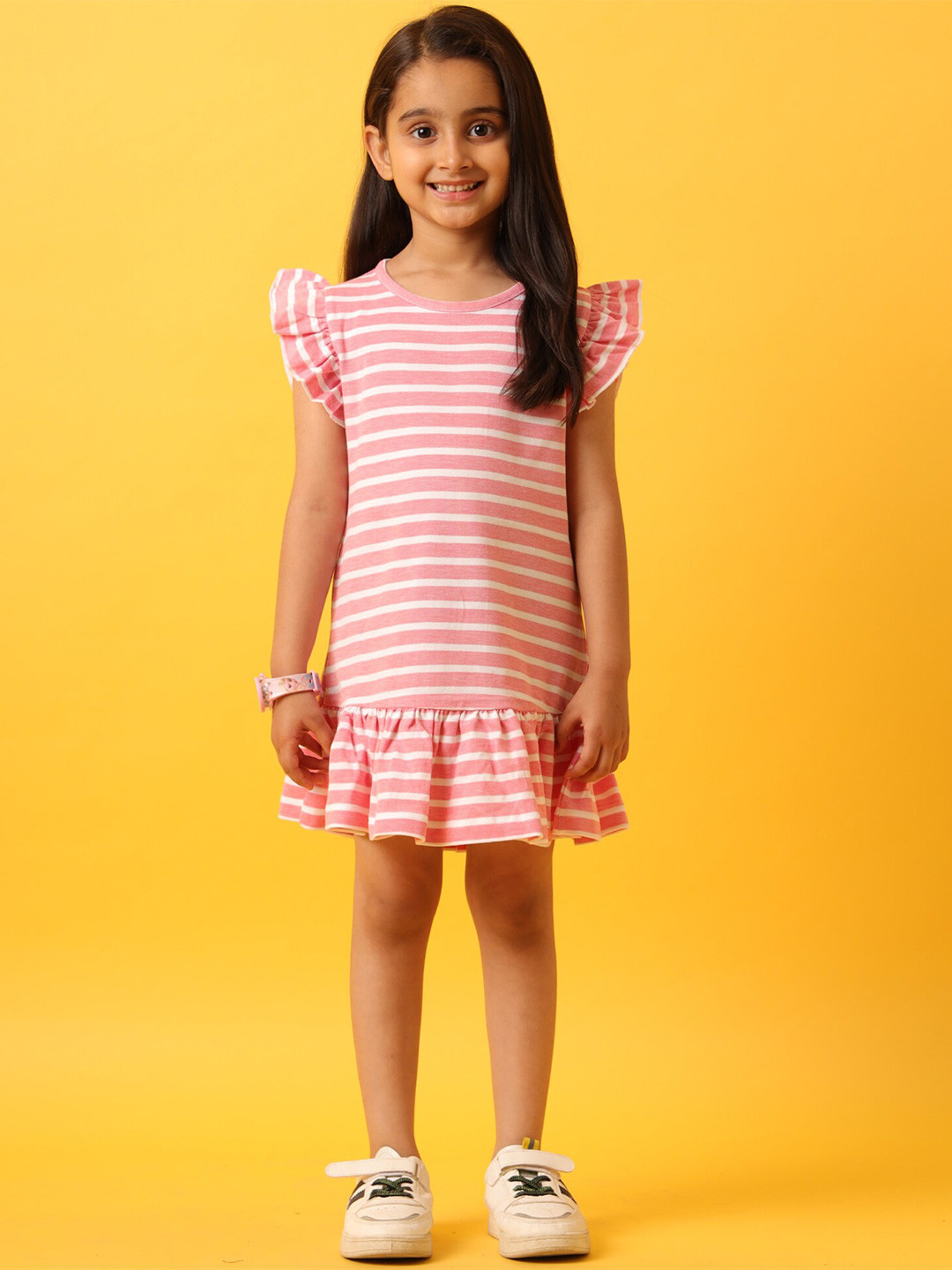 

Anthrilo Girls Striped Cotton Flutter Sleeves Drop-Waist Dress, Red