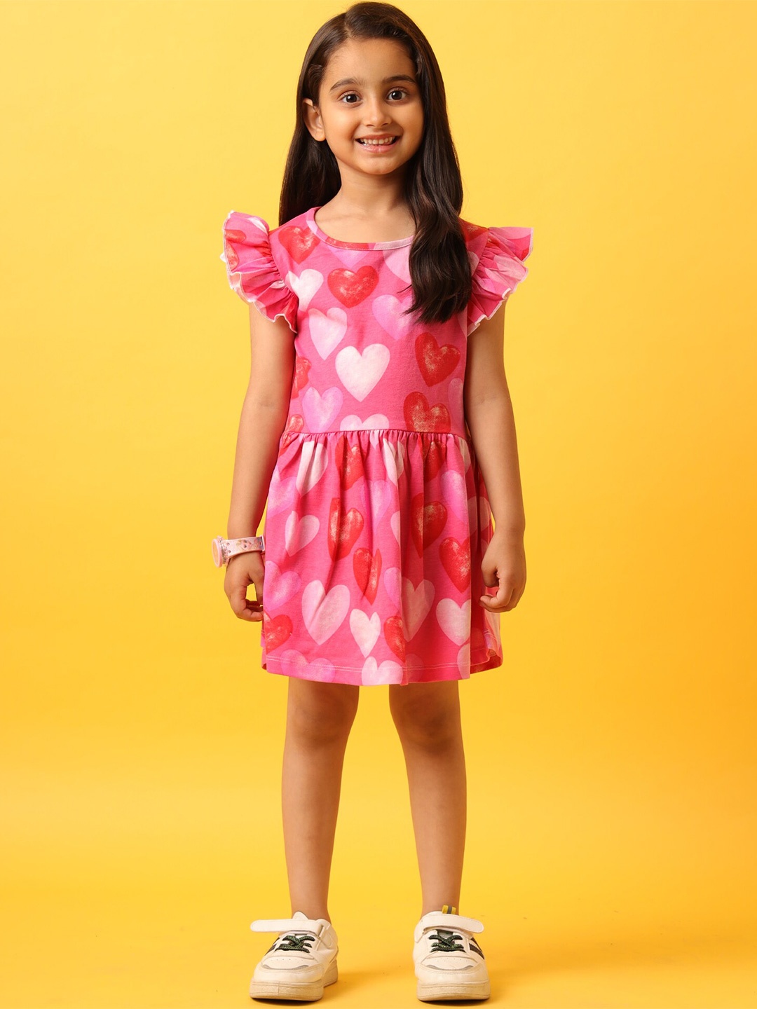 

Anthrilo Girls Conversational Printed Flutter Sleeves Cotton Fit & Flare Dress, Pink
