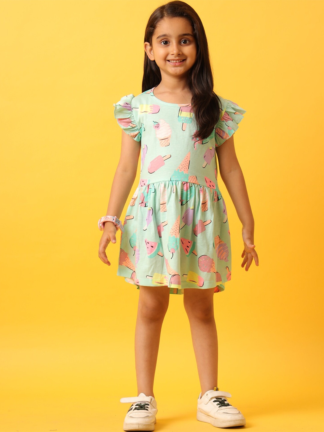

Anthrilo Girls Conversational Printed Flutter Sleeves Cotton Fit & Flare Dress, Sea green