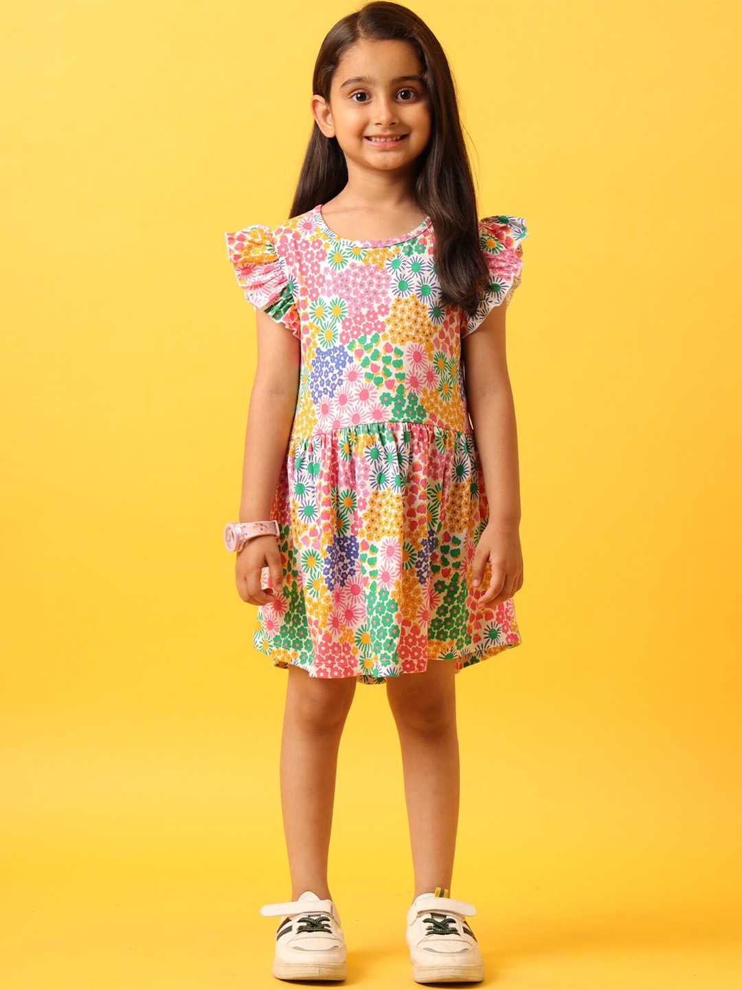 

Anthrilo Girls Floral Print Cotton Round Neck Flutter Sleeve Fit & Flare Dress, Pink