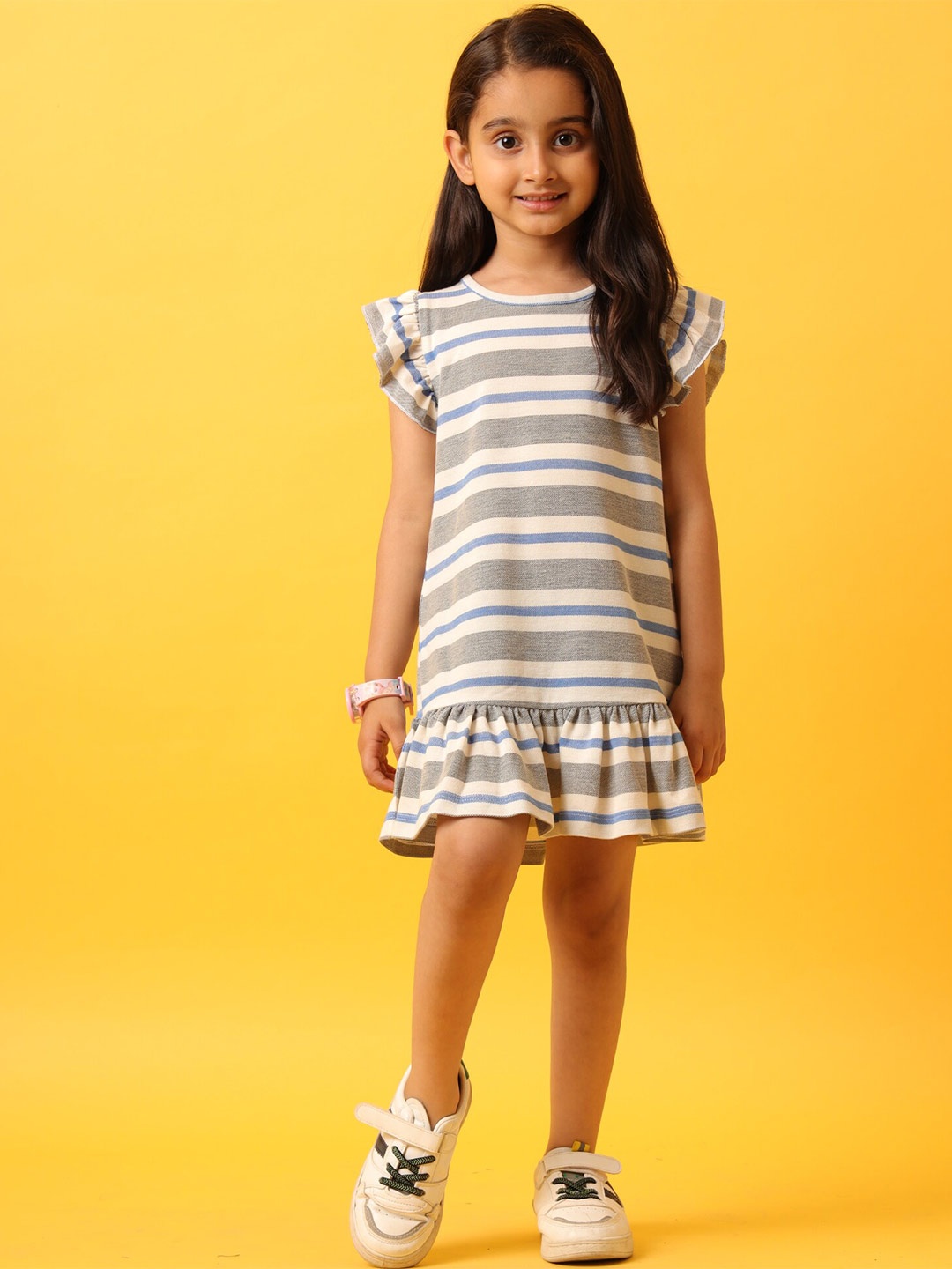 

Anthrilo Girls Striped Cotton Round Neck Flutter Sleeve Drop-Waist Dress, Grey