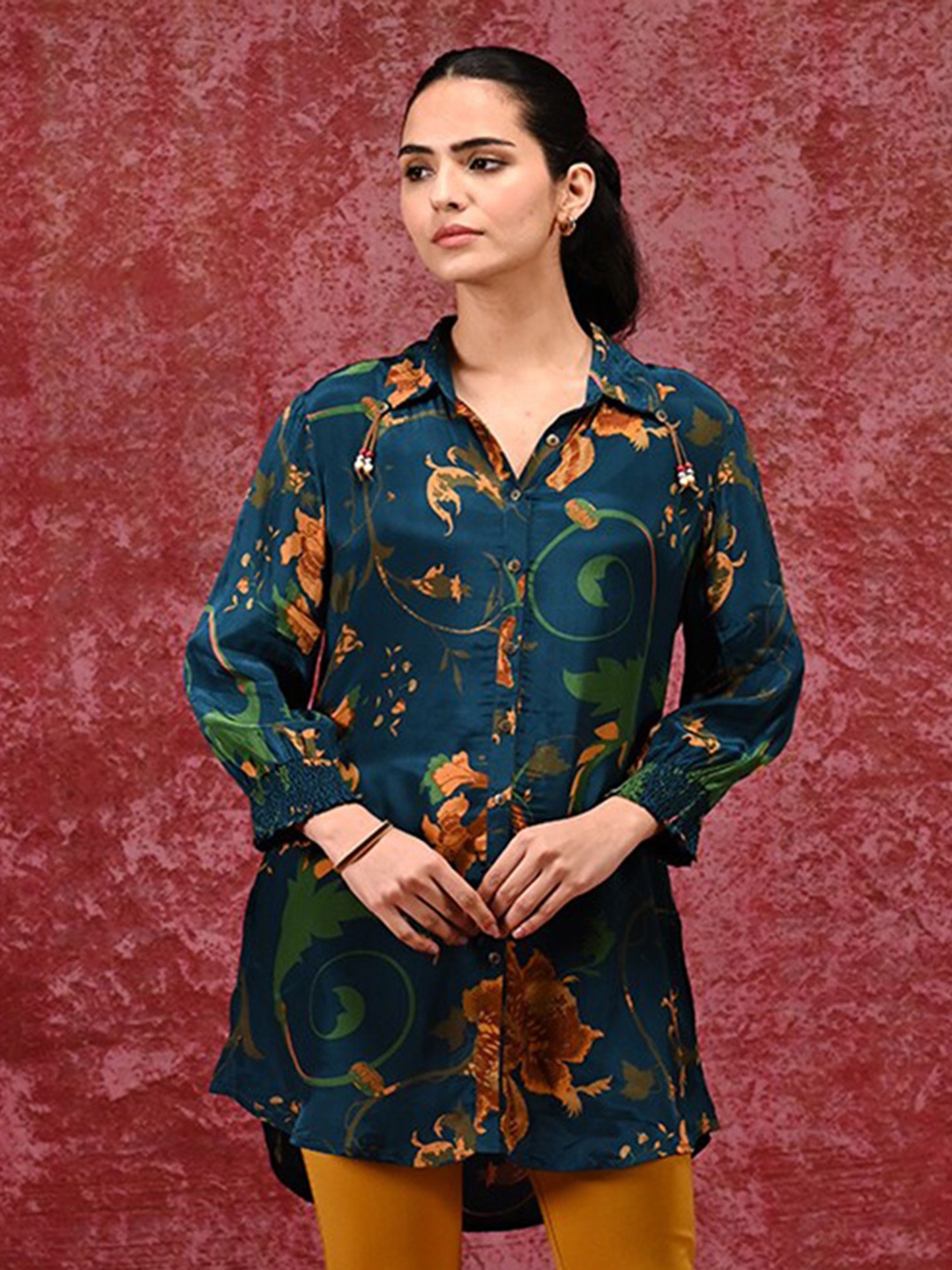 

Lakshita Floral Printed Spread Collar Silk Straight Casual Shirt, Teal