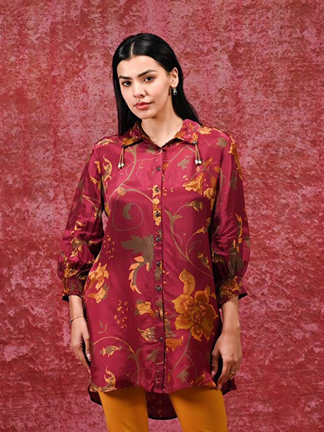 

Lakshita Ethnic Motifs Shirt Collar Long Puff Sleeves Silk Relaxed Fit Casual Shirt, Burgundy