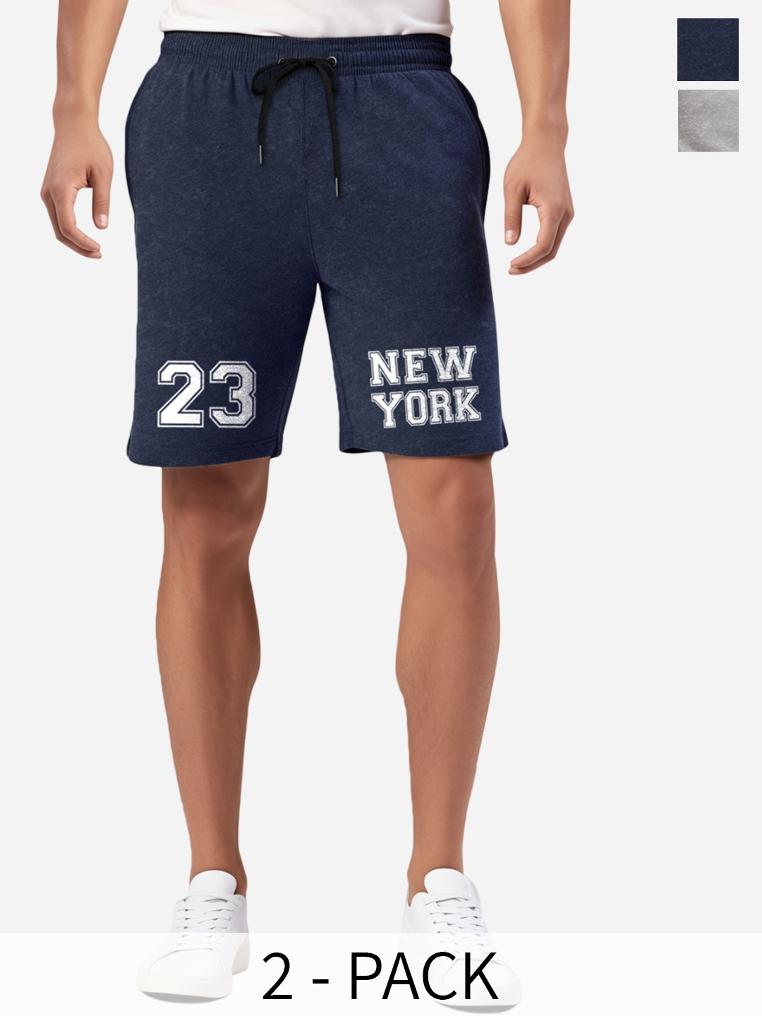 FFLIRTYGO Men Pack Of 2 Typography Printed Dri-FIT Loose Fit Cotton Shorts, Navy blue