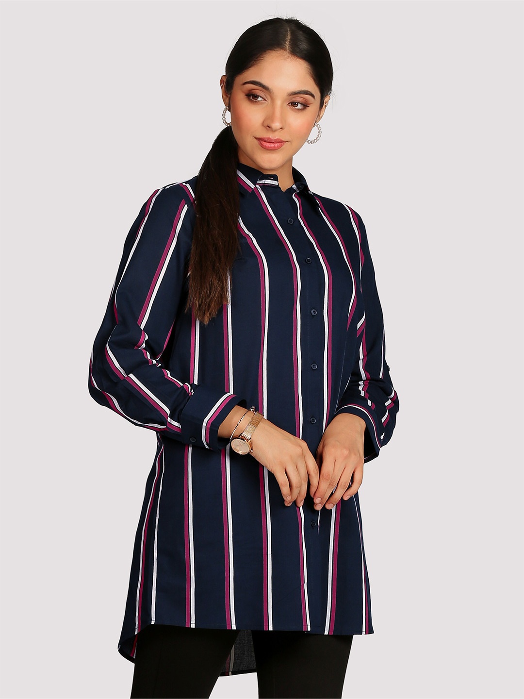 

Beyoung Striped Spread Collar Cotton Oversized Casual Shirt, Blue