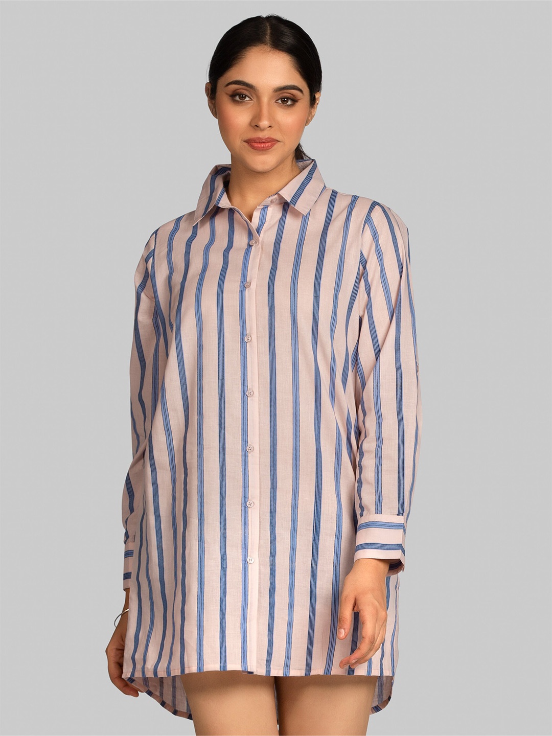 

Beyoung Striped Spread Collar Cotton Oversized Casual Shirt, Beige