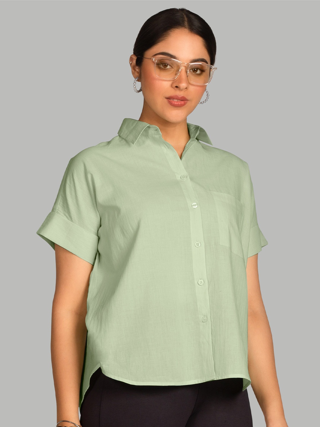 

Beyoung Spread Collar Boxy Opaque Cotton Casual Shirt, Green