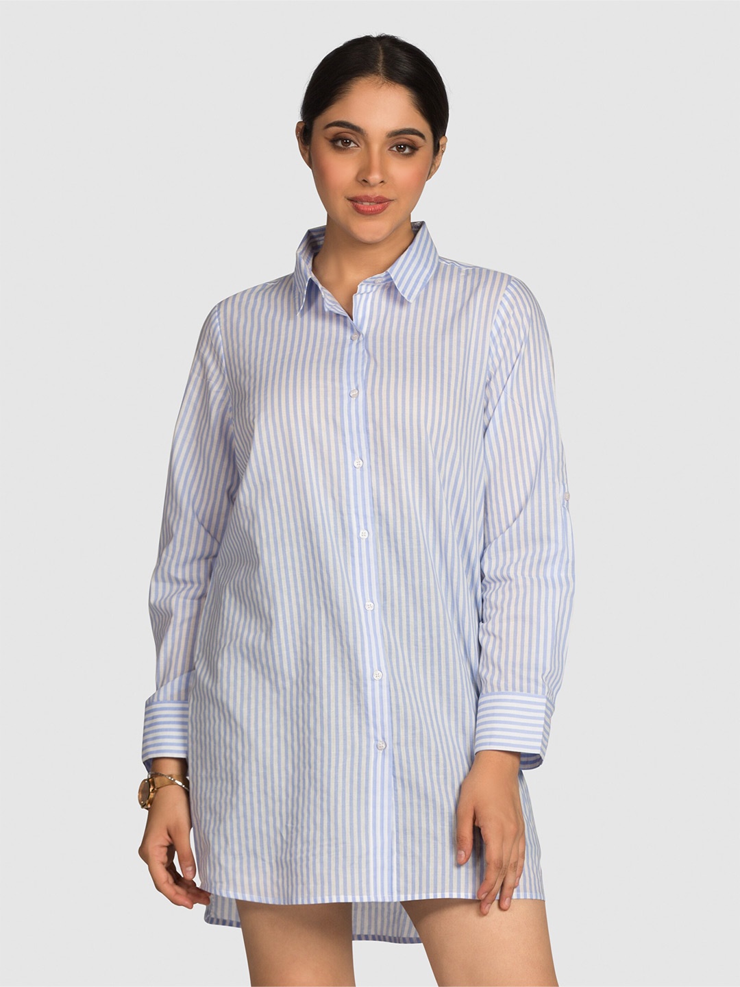 

Beyoung Striped Spread Collar Cotton Oversized Casual Shirt, Blue