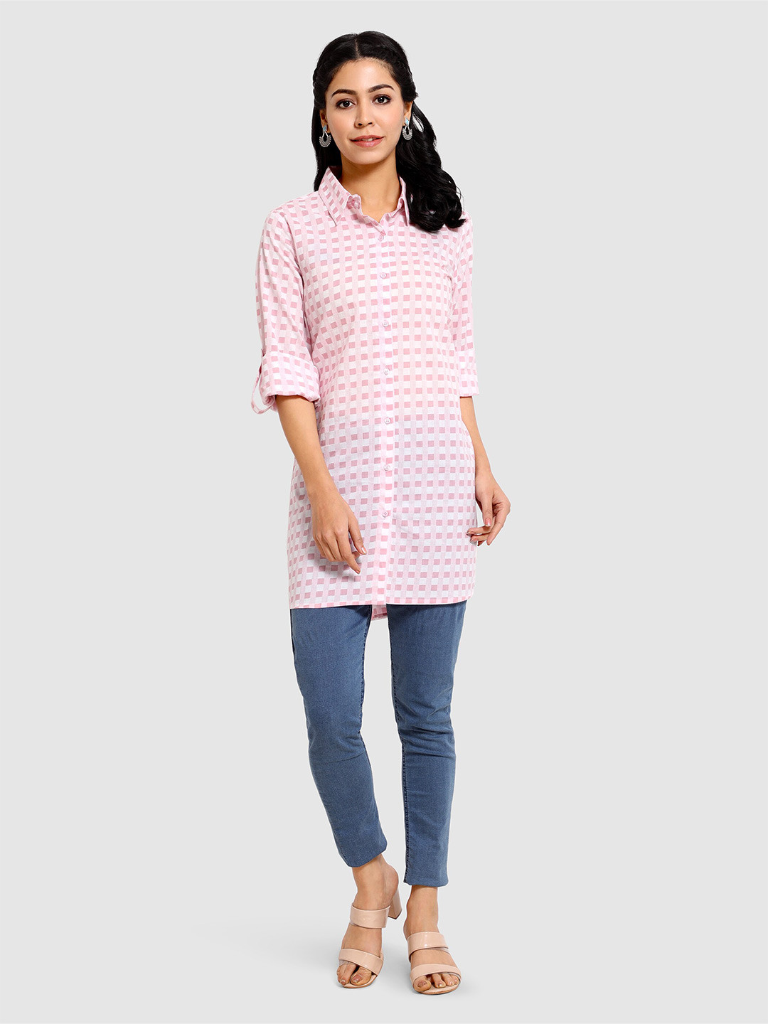 

Beyoung Geometric Printed Spread Collar Oversized Shirt, Pink