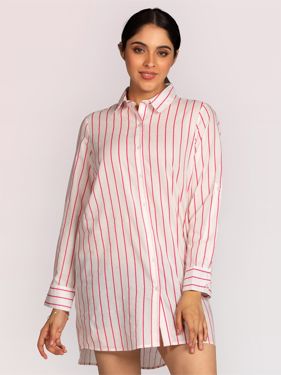 

Beyoung Women Opaque Striped Casual Shirt, Pink