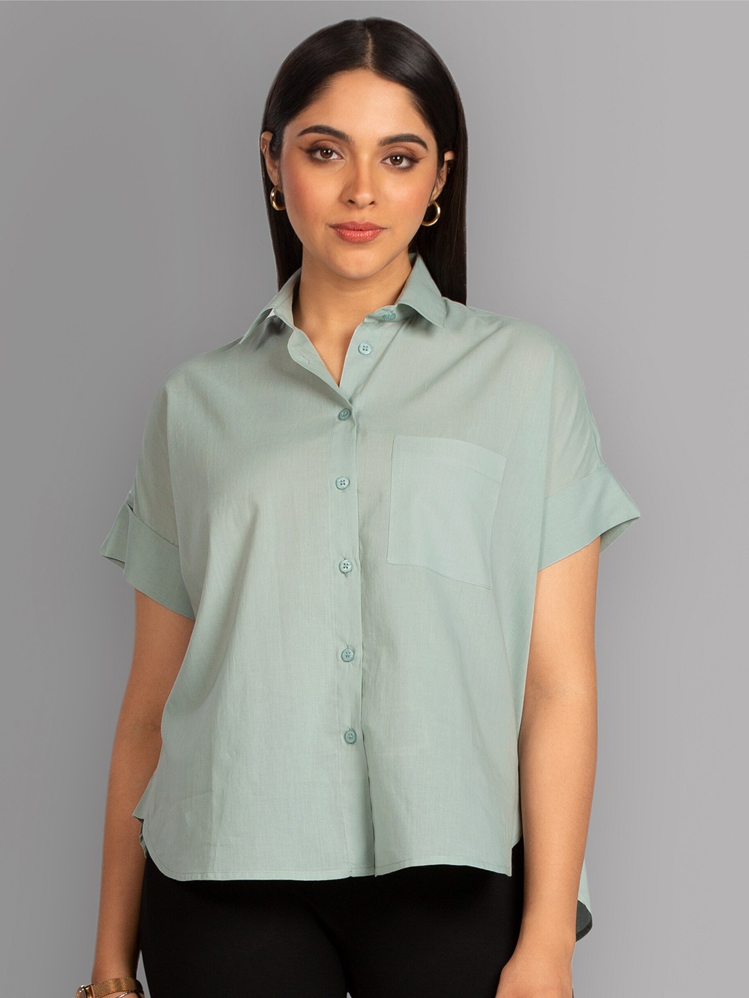 

Beyoung Spread Collar Boxy Opaque Cotton Casual Shirt, Green