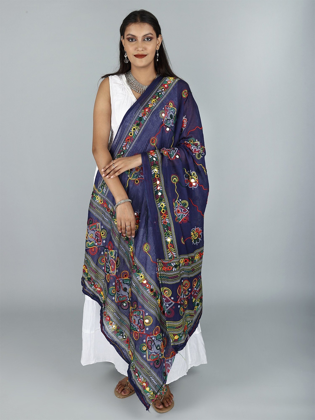 

Exotic India Navy Hand-Embroidered Florals and Mirrors Pure Cotton Dupatta, Navy blue