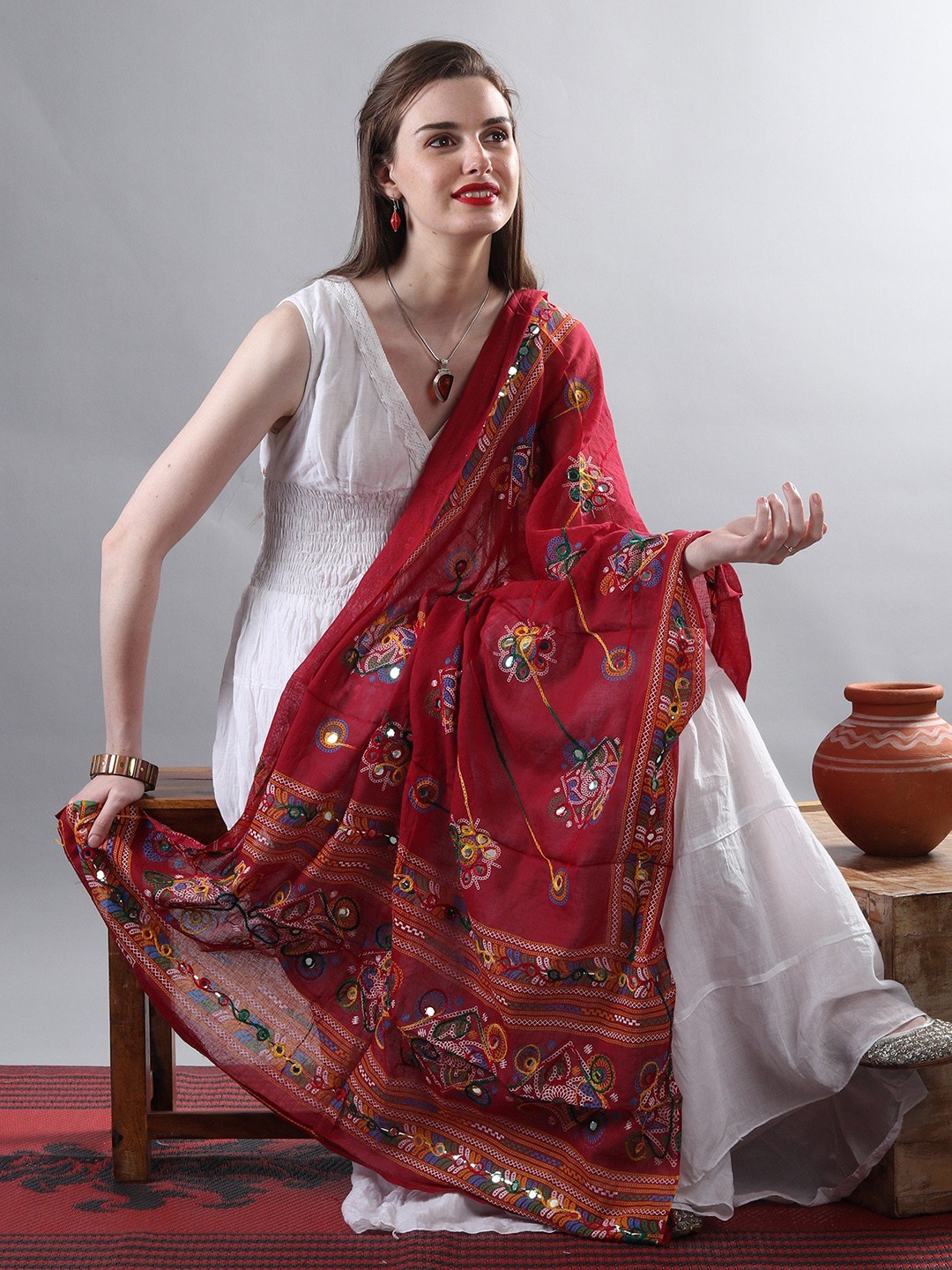 

Exotic India Garnet Hand-Embroidered Florals and Mirrors Pure Cotton Dupatta, Red