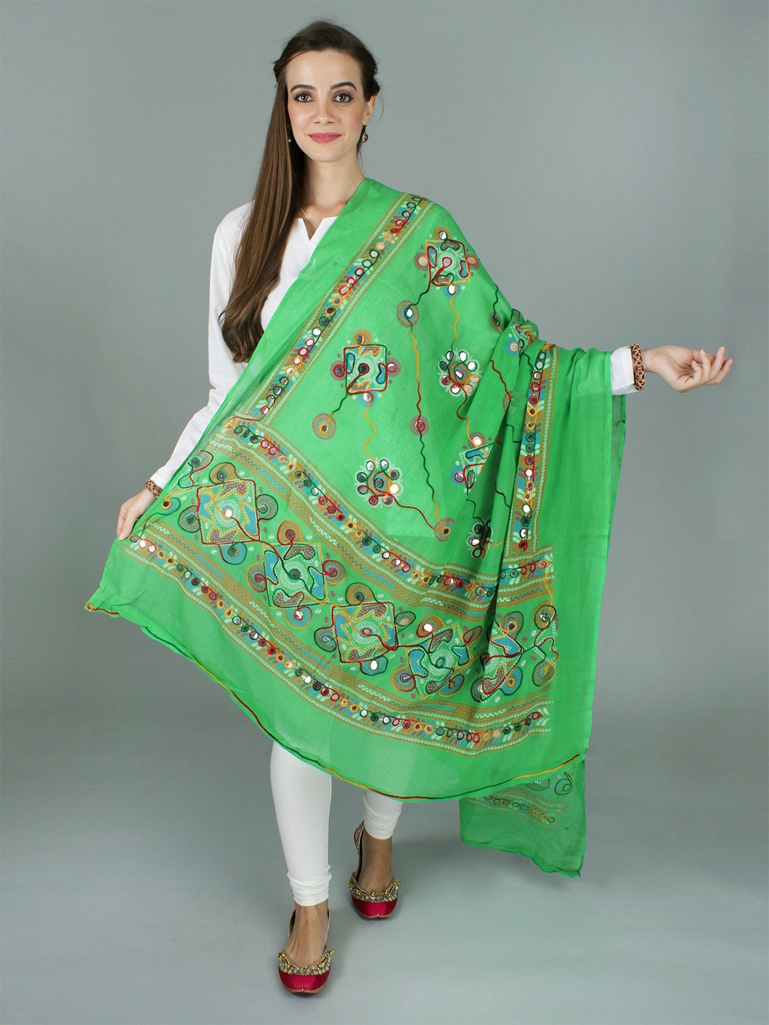 

Exotic India Poison Green Hand-Embroidered Florals and Mirrors Pure Cotton Dupatta