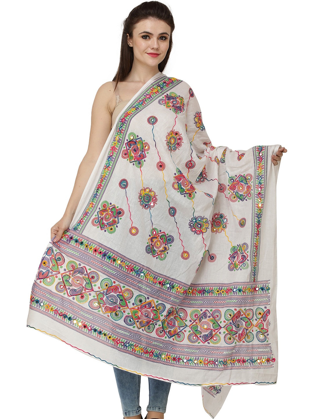 

Exotic India Floral Kutch Embroidered Mirror Work Pure Cotton Dupatta, White