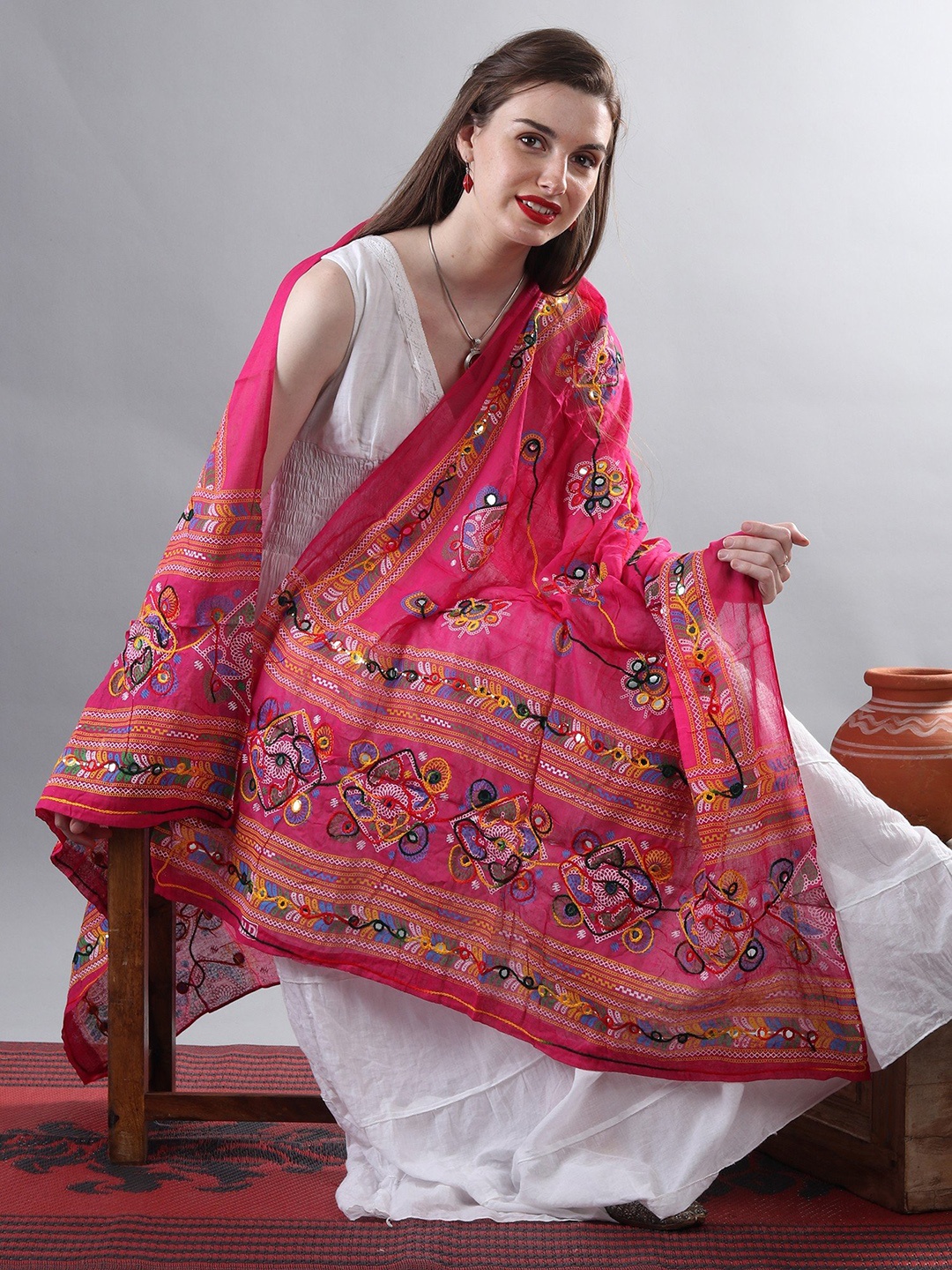

Exotic India Fuchsia Hand-Embroidered Florals and Mirrors Pure Cotton Dupatta