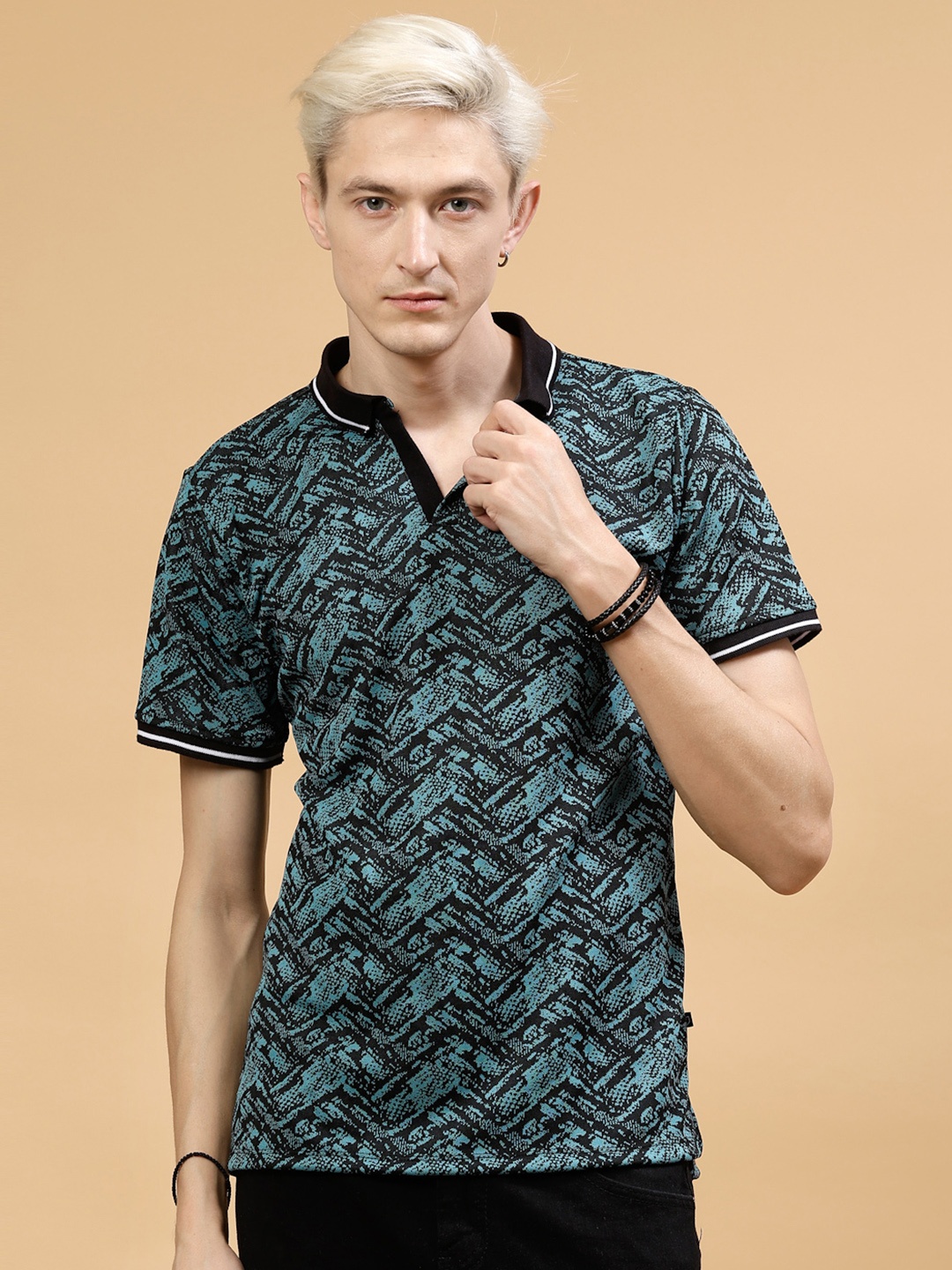

Rigo Printed Polo Collar Cotton T-shirt, Teal