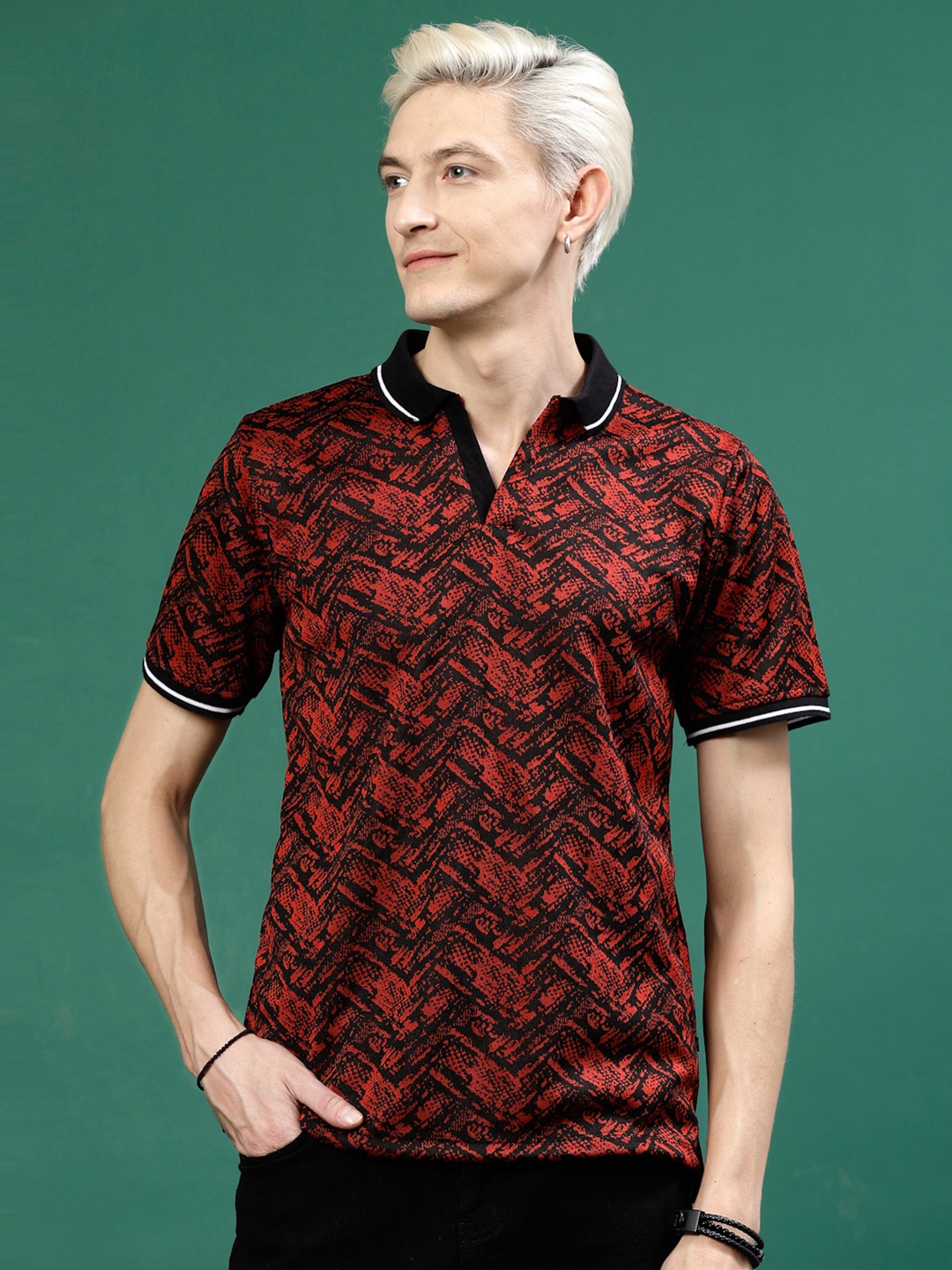 

Rigo Printed Polo Collar Cotton T-shirt, Maroon