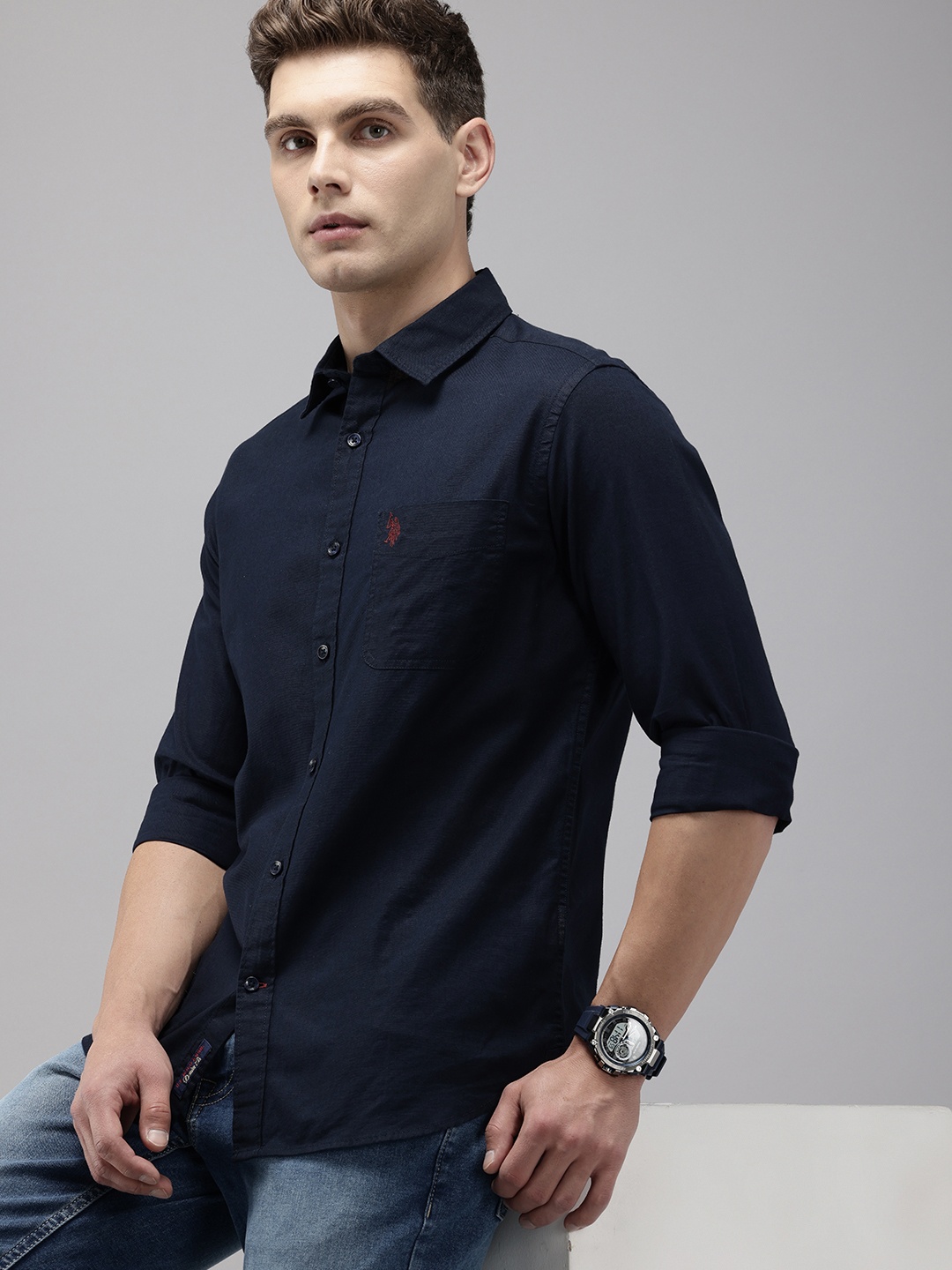 

U.S. Polo Assn. Denim Co. Slim Fit Pure Cotton Casual Shirt, Navy blue