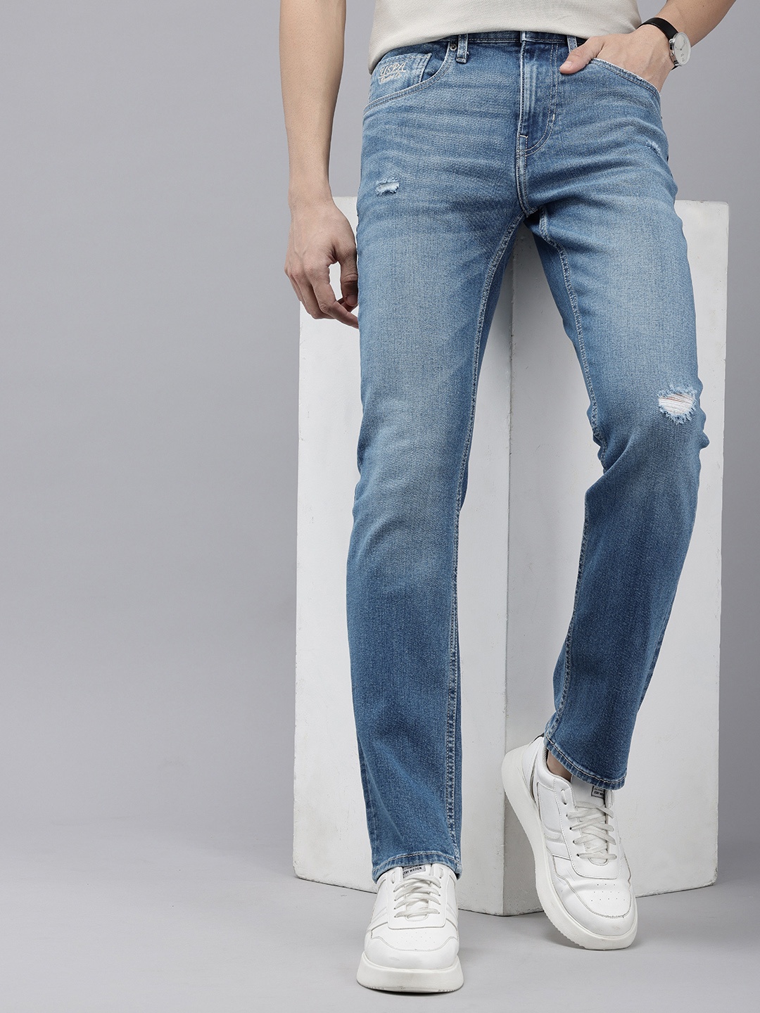 

U.S. Polo Assn. Denim Co. Men Slim Fit Mildly Distressed Heavy Fade Stretchable Jeans, Blue