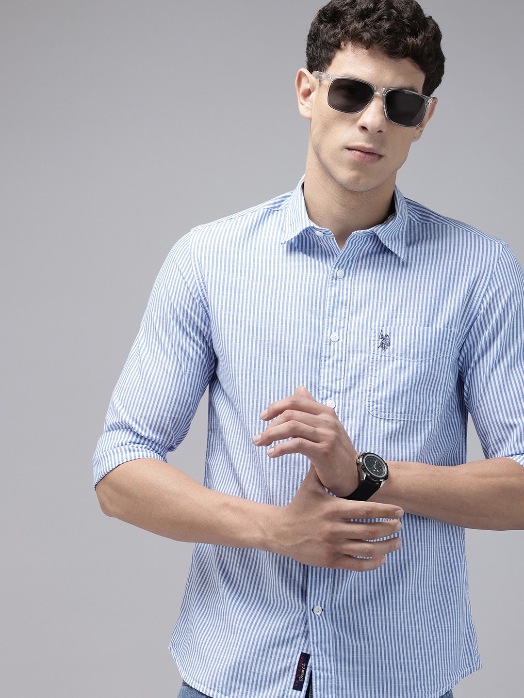 

U.S. Polo Assn. Denim Co. Pure Cotton Slim Fit Striped Casual Shirt, Blue