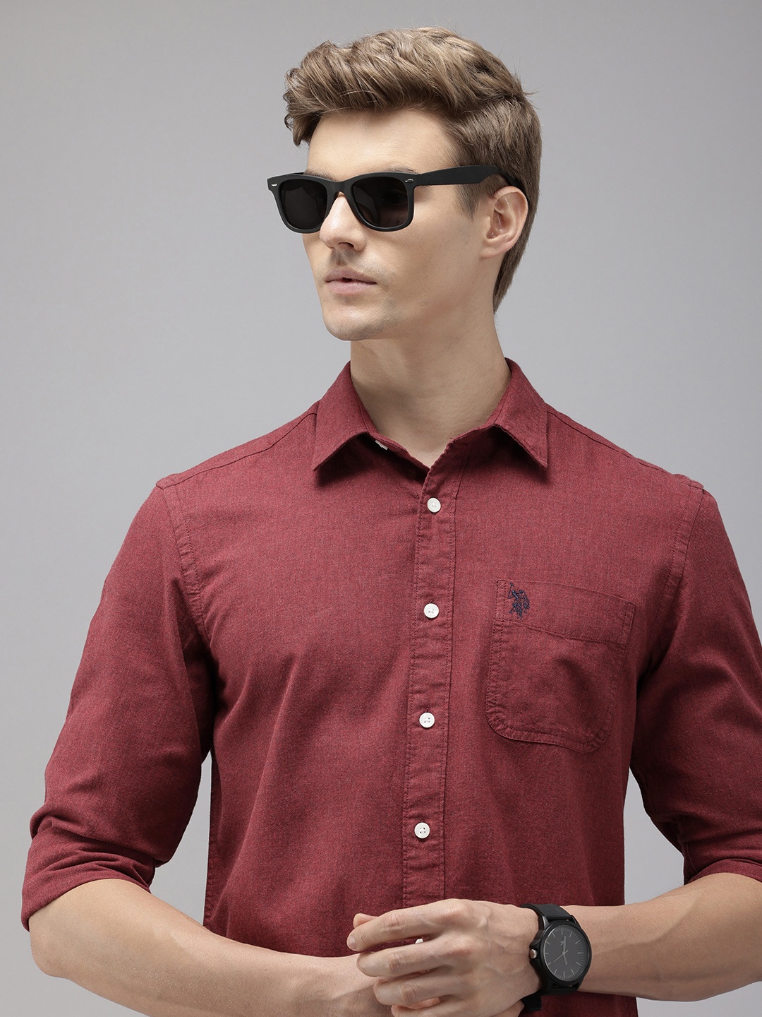 

U.S. Polo Assn. Denim Co. Pure Cotton Slim Fit Opaque Casual Shirt, Maroon