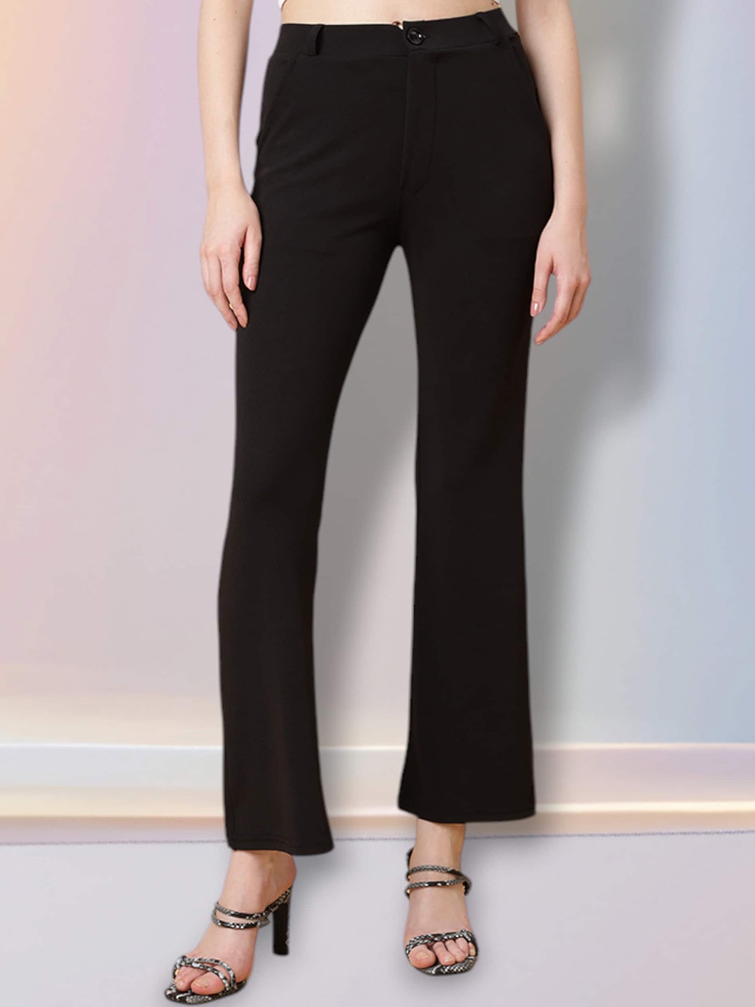 

FITHUB Women High-Rise Easy Wash Cotton Bootcut Trousers, Black